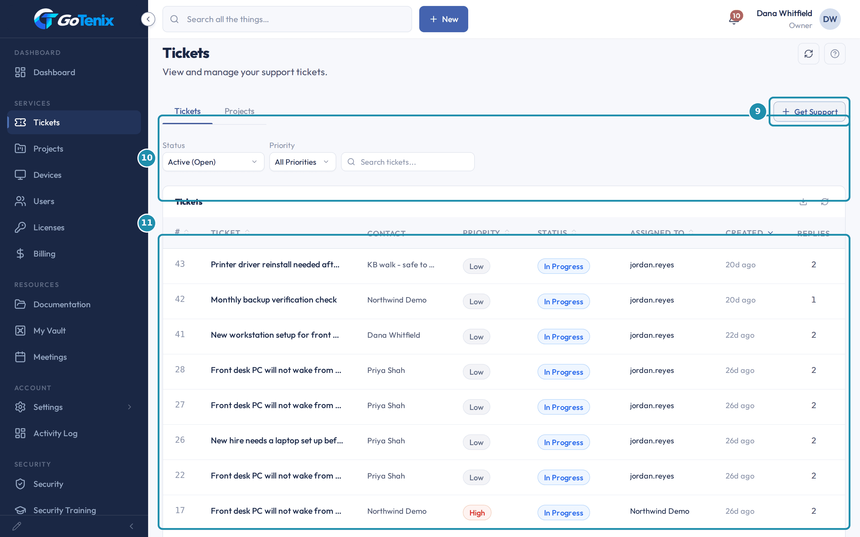 The client portal Tickets page with numbered badges on Get Support, the filters and the list of tickets.