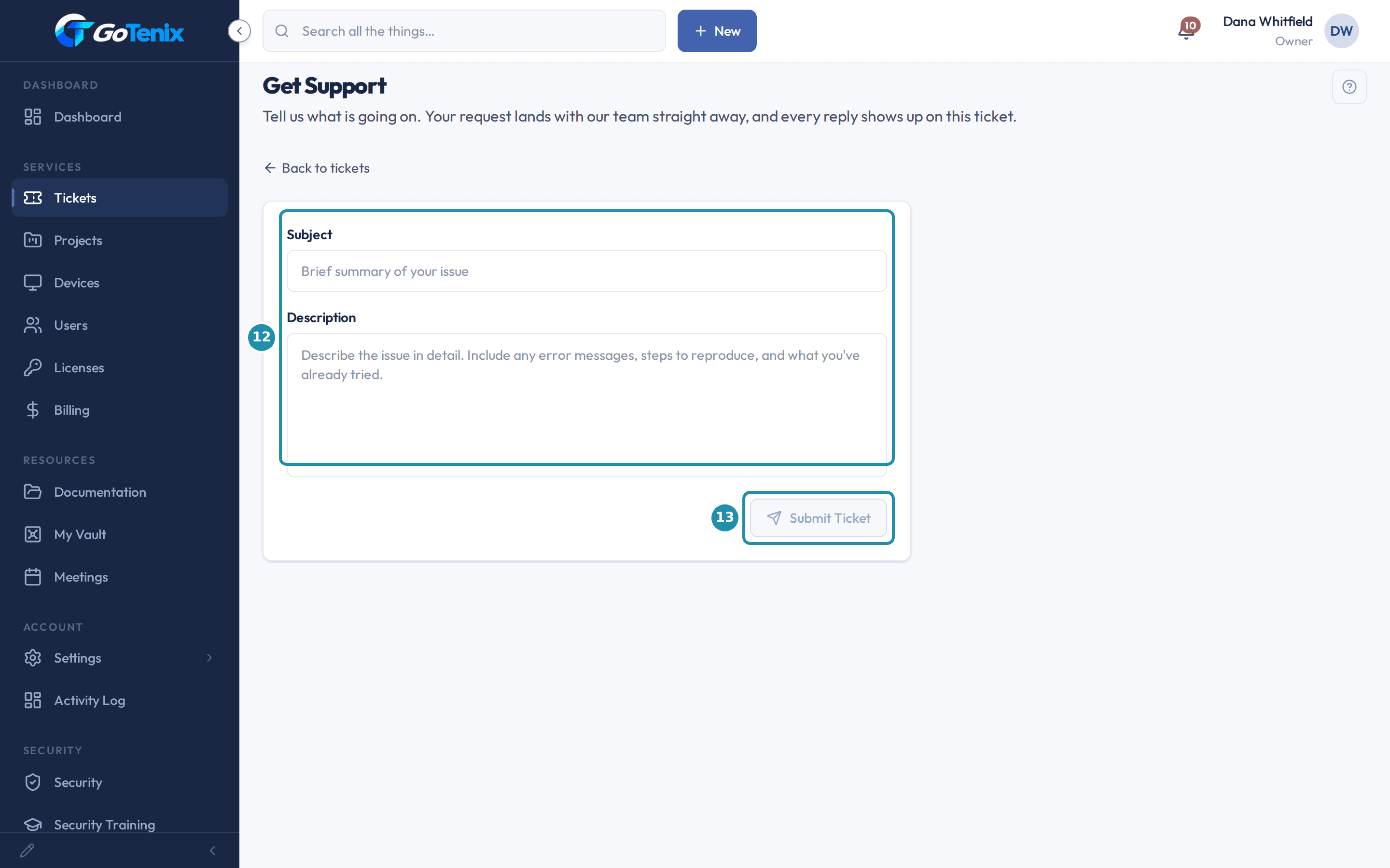 The Get Support form with numbered badges on the Subject and Description fields and on the Submit Ticket button.