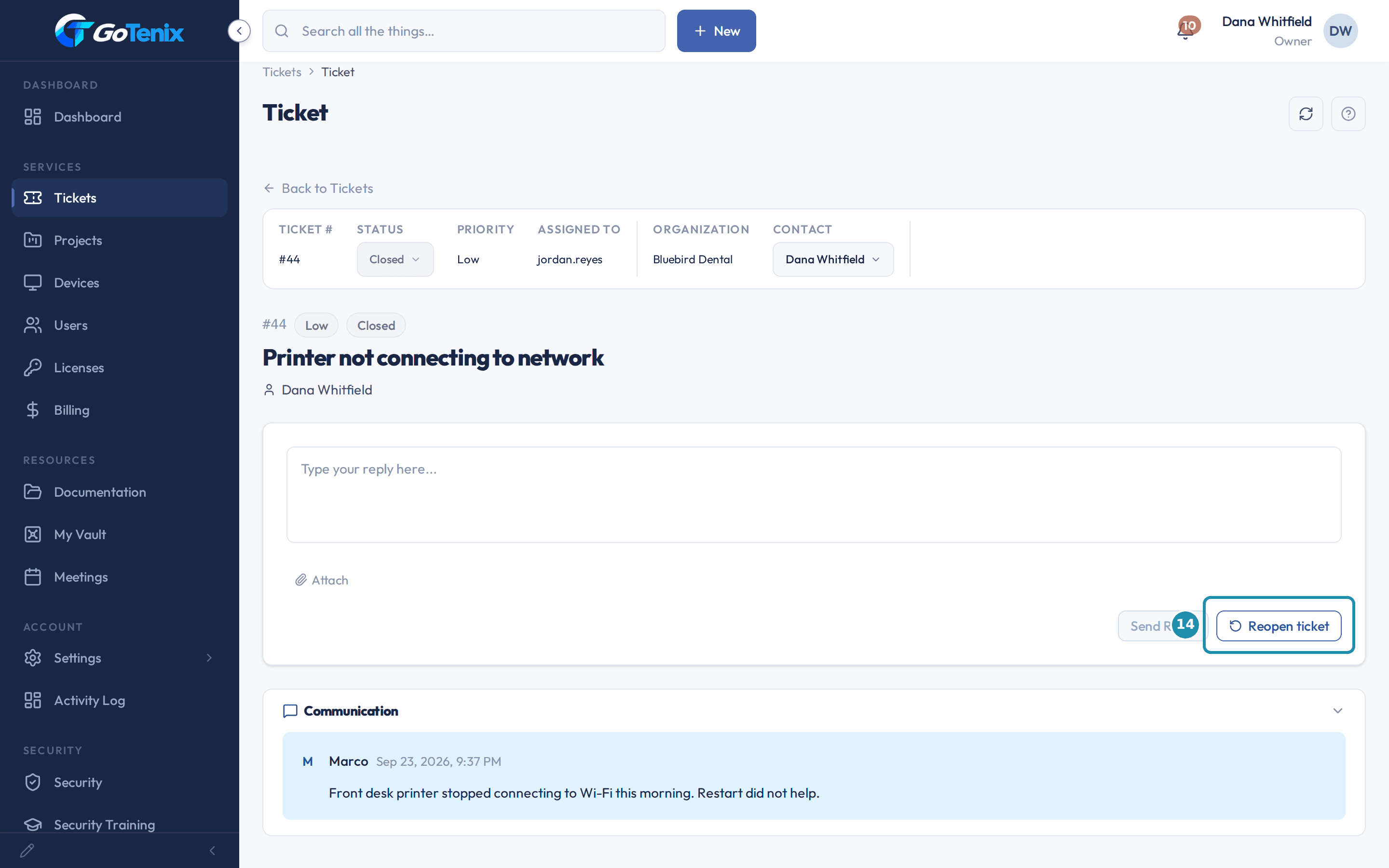 A closed ticket in the client portal with a numbered badge on the Reopen ticket button beside Send Reply.