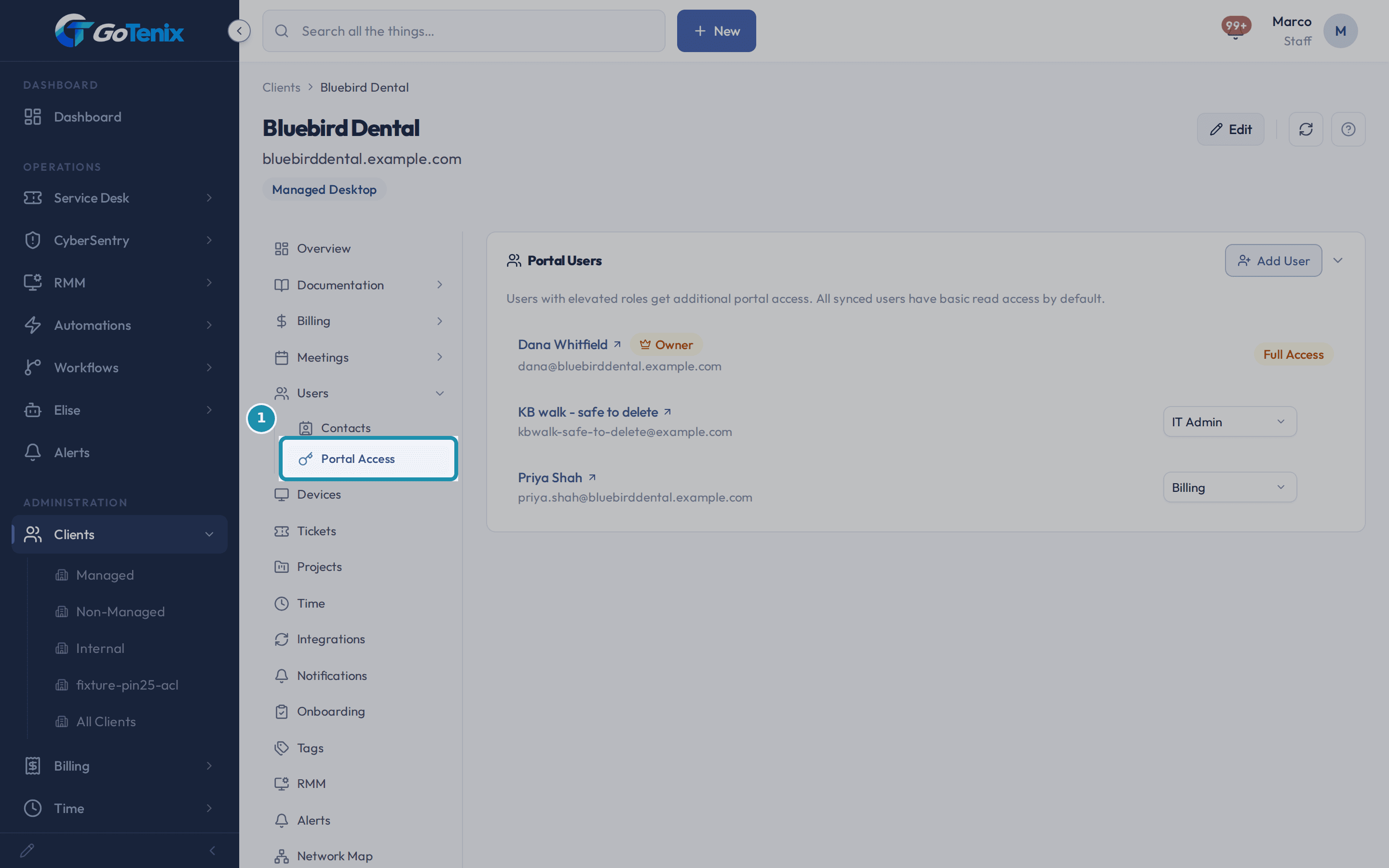 A client record with Users open and the Portal Access item boxed in the left menu.