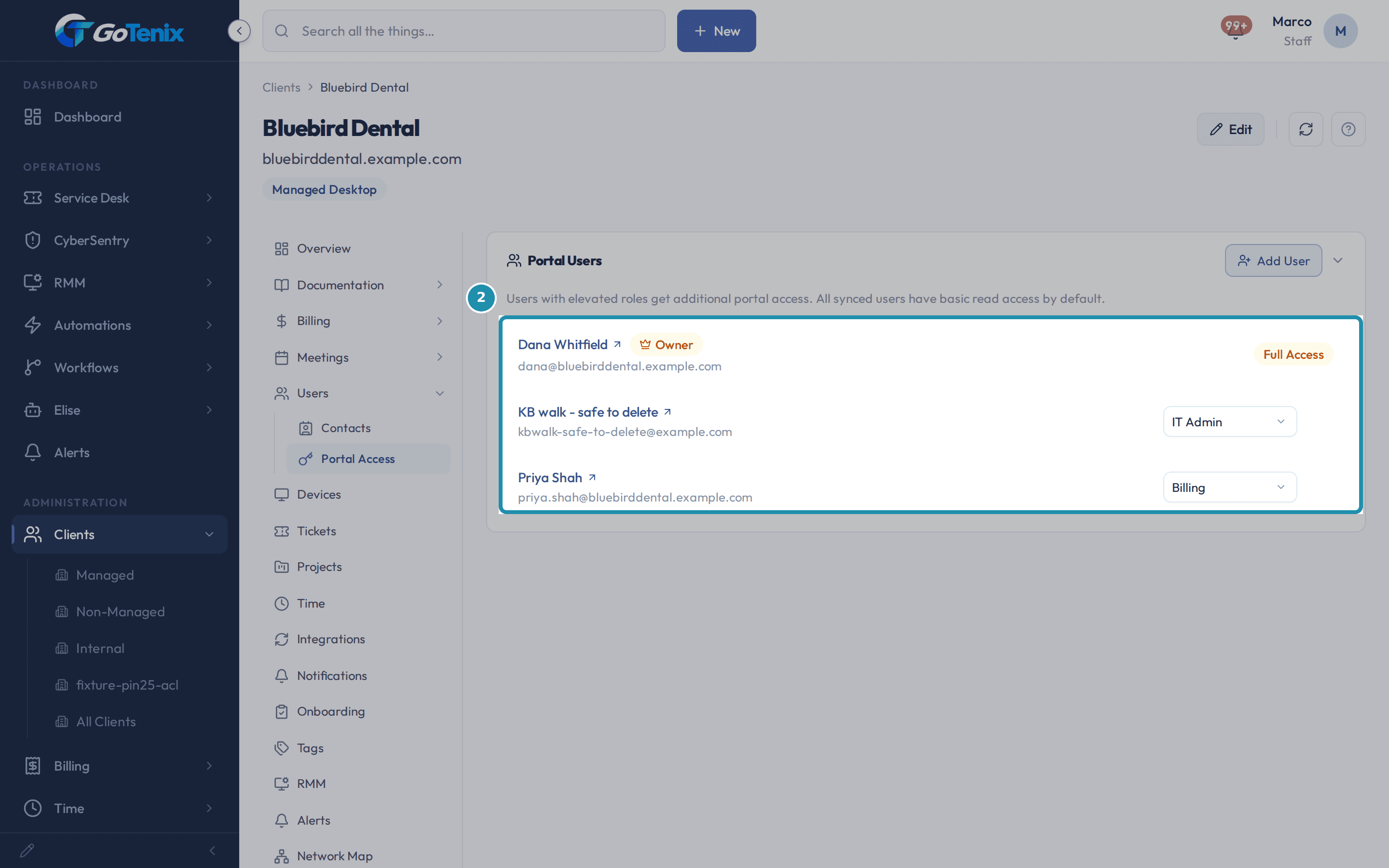 The Portal Access page listing the client's portal users with their roles, the list boxed: Owner with Full Access, IT Admin and Billing.