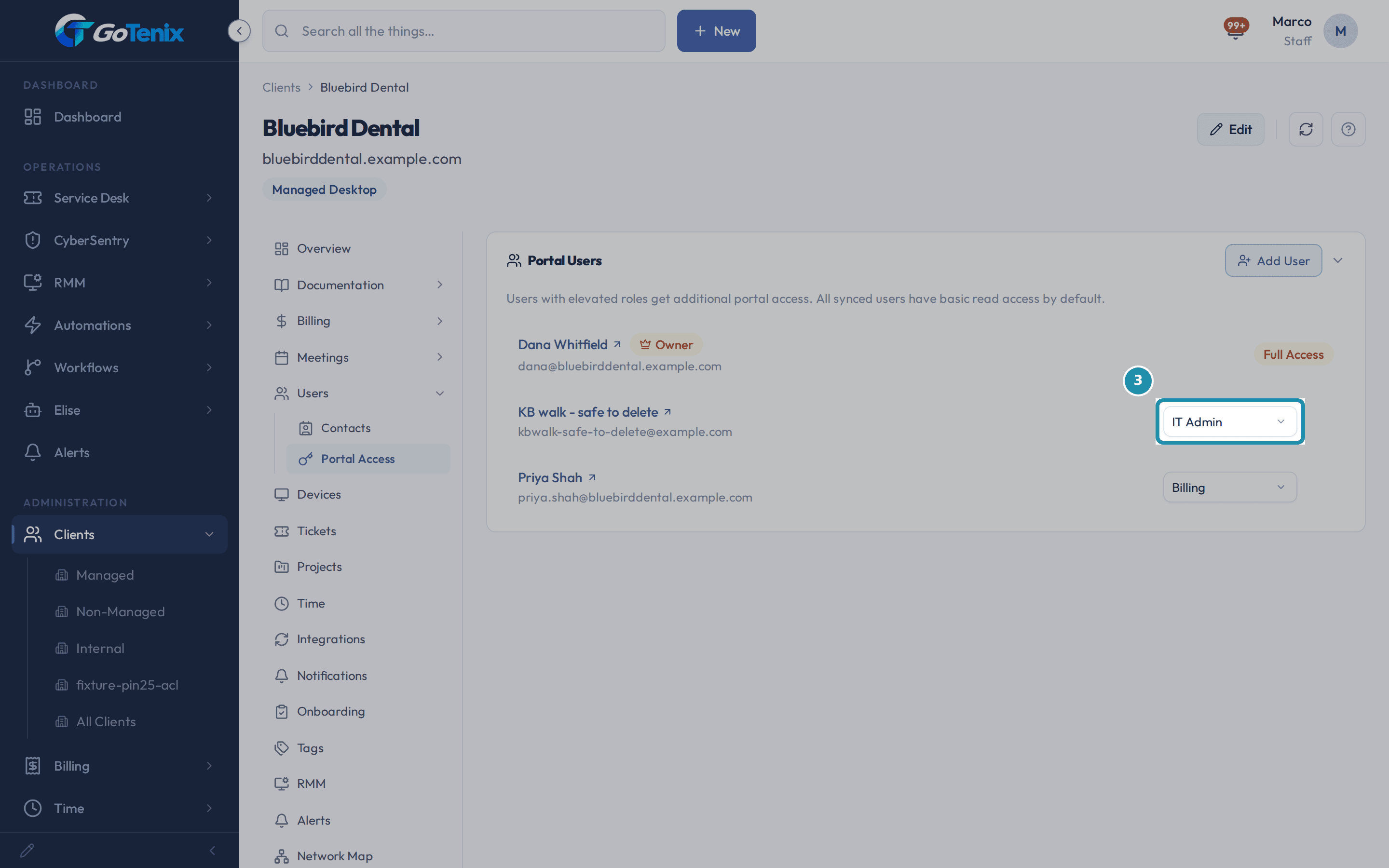 The Portal Access page with one person's role dropdown, currently IT Admin, boxed.
