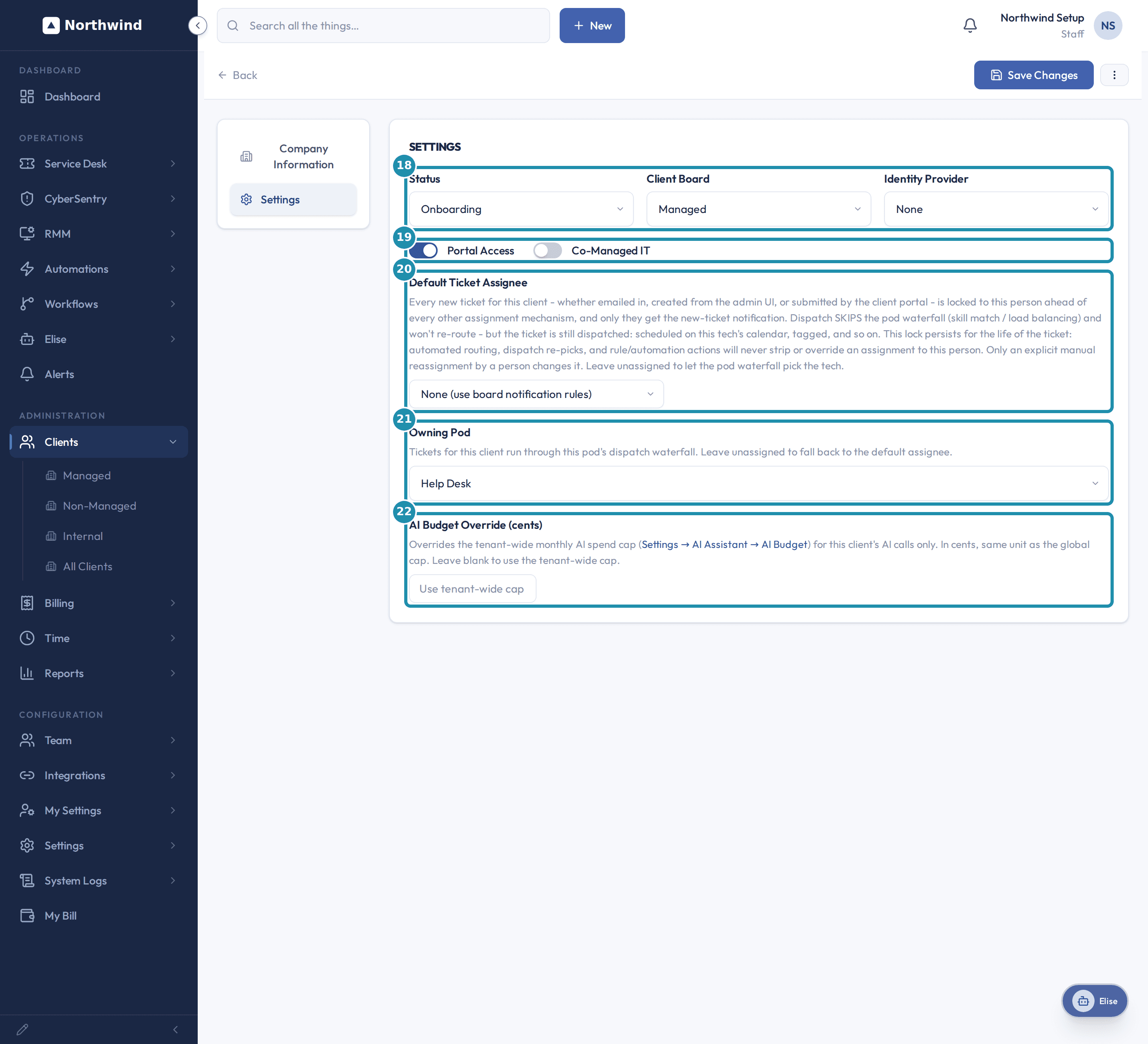 The client's Edit > Settings screen, with a numbered teal badge and box on the Status, Client Board and Identity Provider row, the Portal Access and Co-Managed IT switches, Default Ticket Assignee, Owning Pod and AI Budget Override.