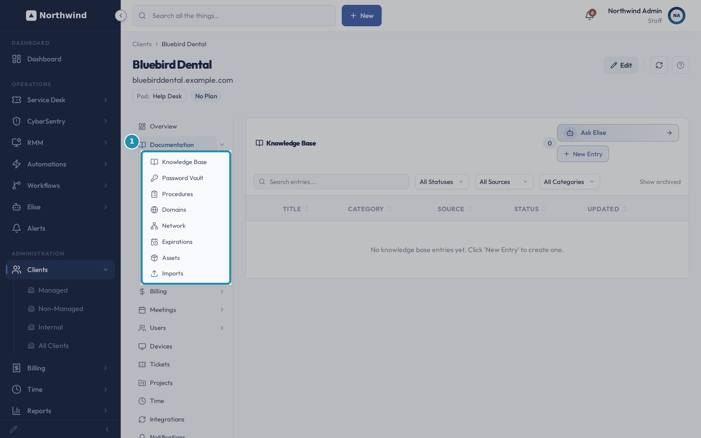 The Documentation menu expanded in the client's left sidebar, listing Knowledge Base, Password Vault, Procedures, Domains, Network, Expirations, Assets and Imports, with the Knowledge Base panel open and its Ask Elise and New Entry buttons at the top right.