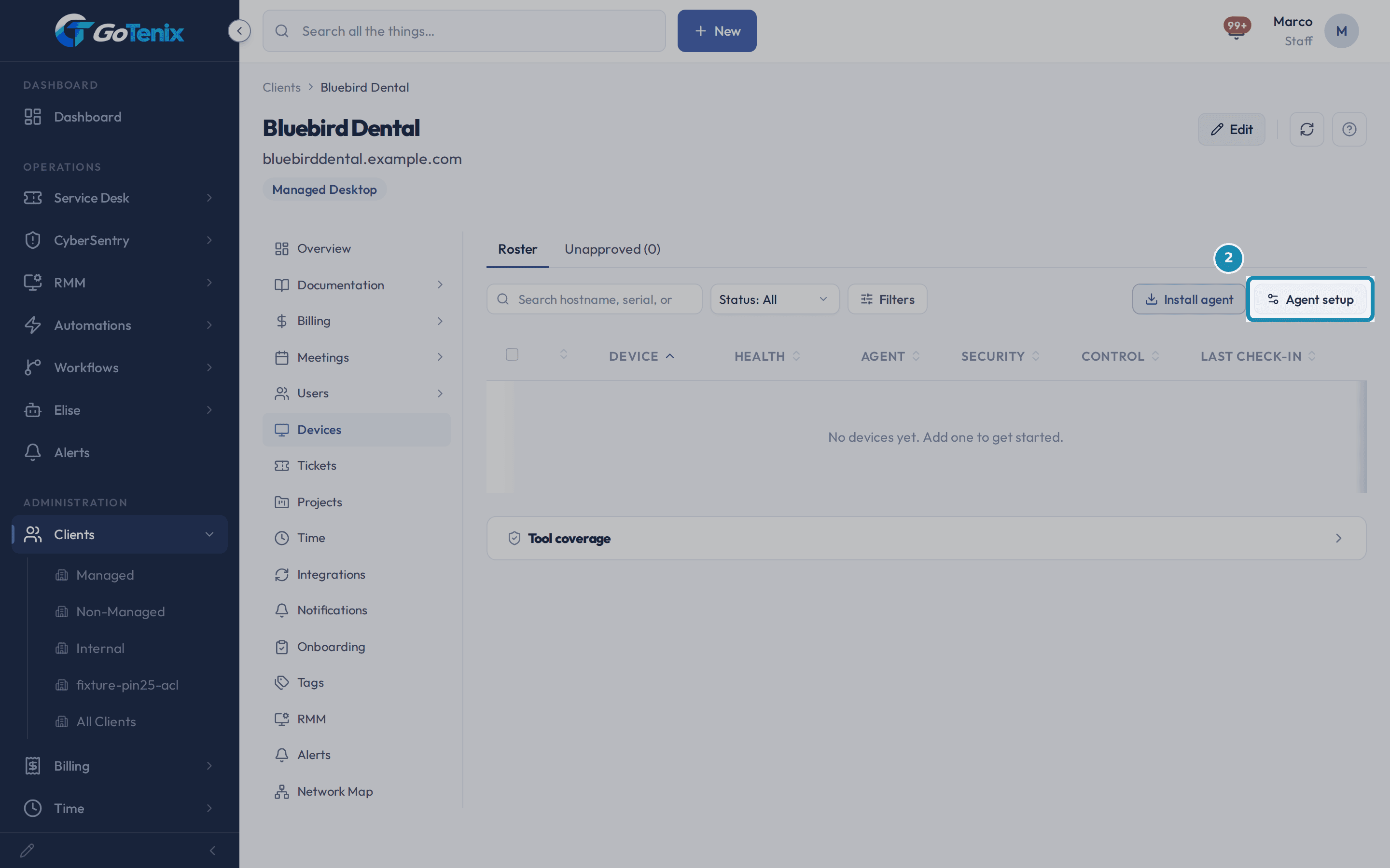 A client record on the Devices tab with the Agent setup button boxed beside Install agent and Filters.