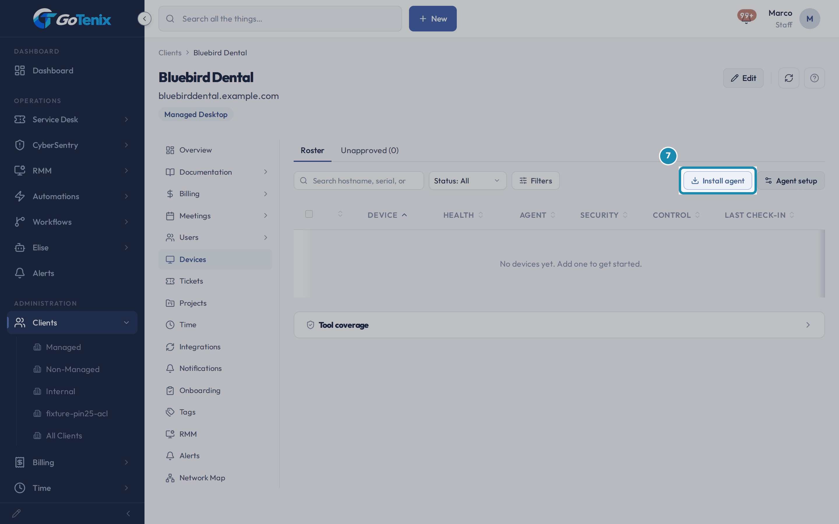 A client record on the Devices tab with the Install agent button boxed above the roster.