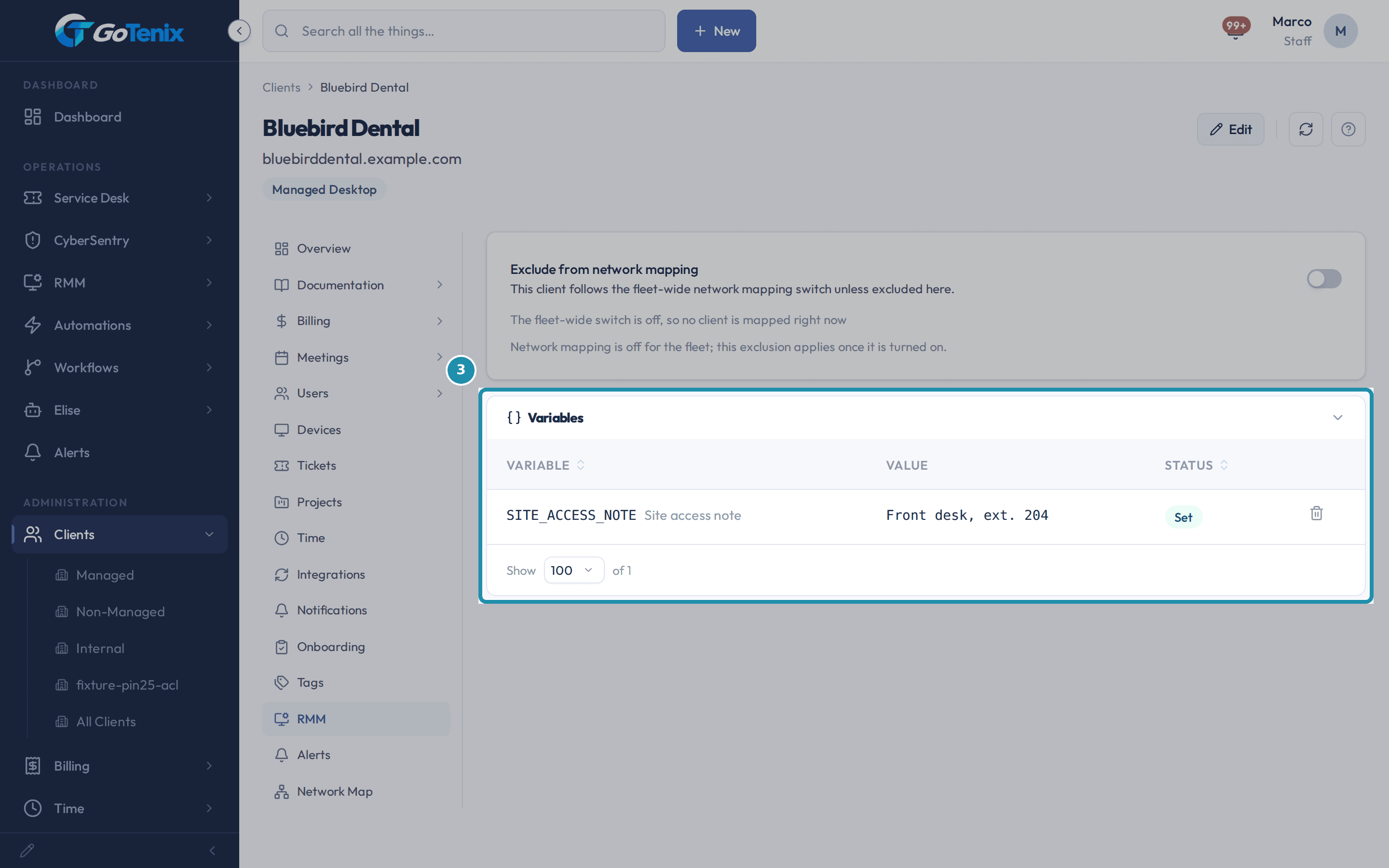A client record on the RMM tab with the Variables card boxed, showing a variable with this client's value and its status reading Set.