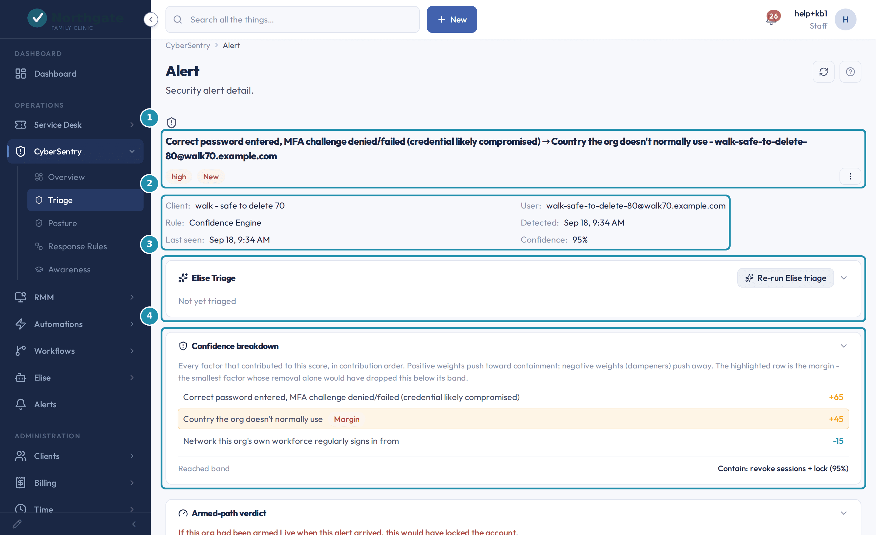 A security alert's detail page with numbered badges on the alert line with its severity and status badges, the facts row, the Elise Triage card with its Re-run Elise triage button, and the Confidence breakdown card.