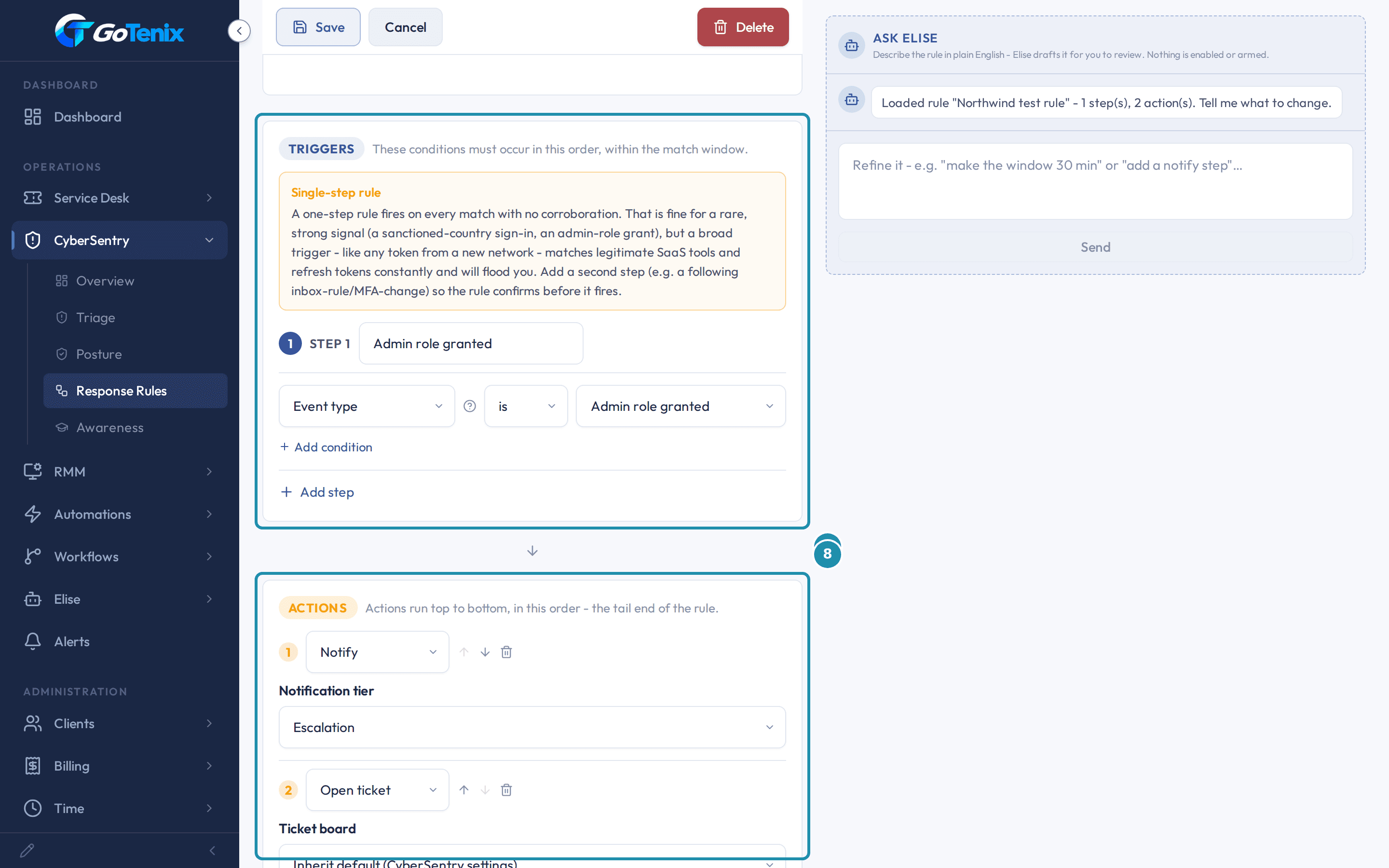 A rule's edit page scrolled to the Triggers card, which holds the Admin role granted step, and the Actions card with Notify and Open ticket, each boxed with a numbered badge.