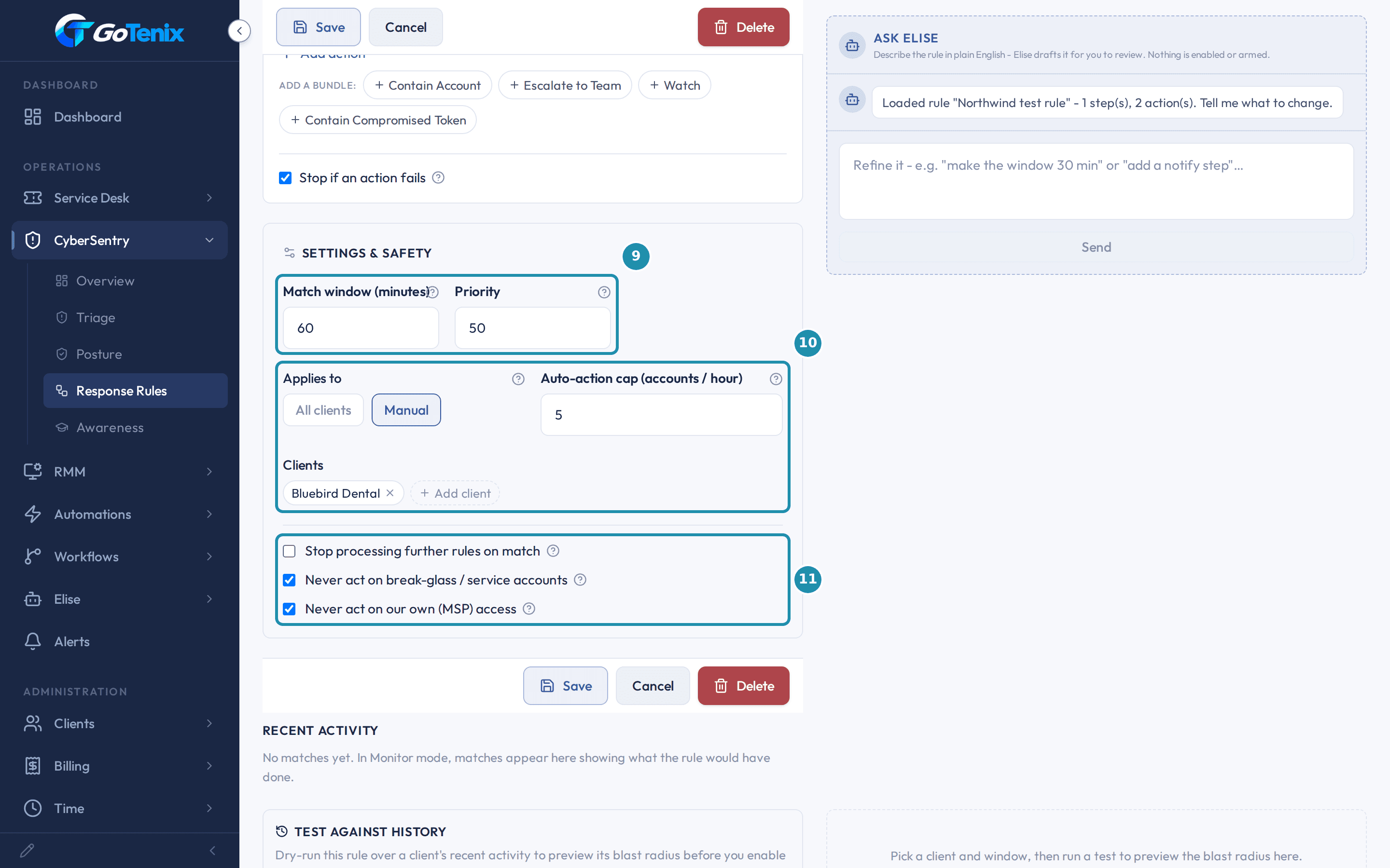 The Settings and Safety card of a rule with numbered badges on Match window and Priority, on Applies to with the auto-action cap and the client list, and on the three guard checkboxes.