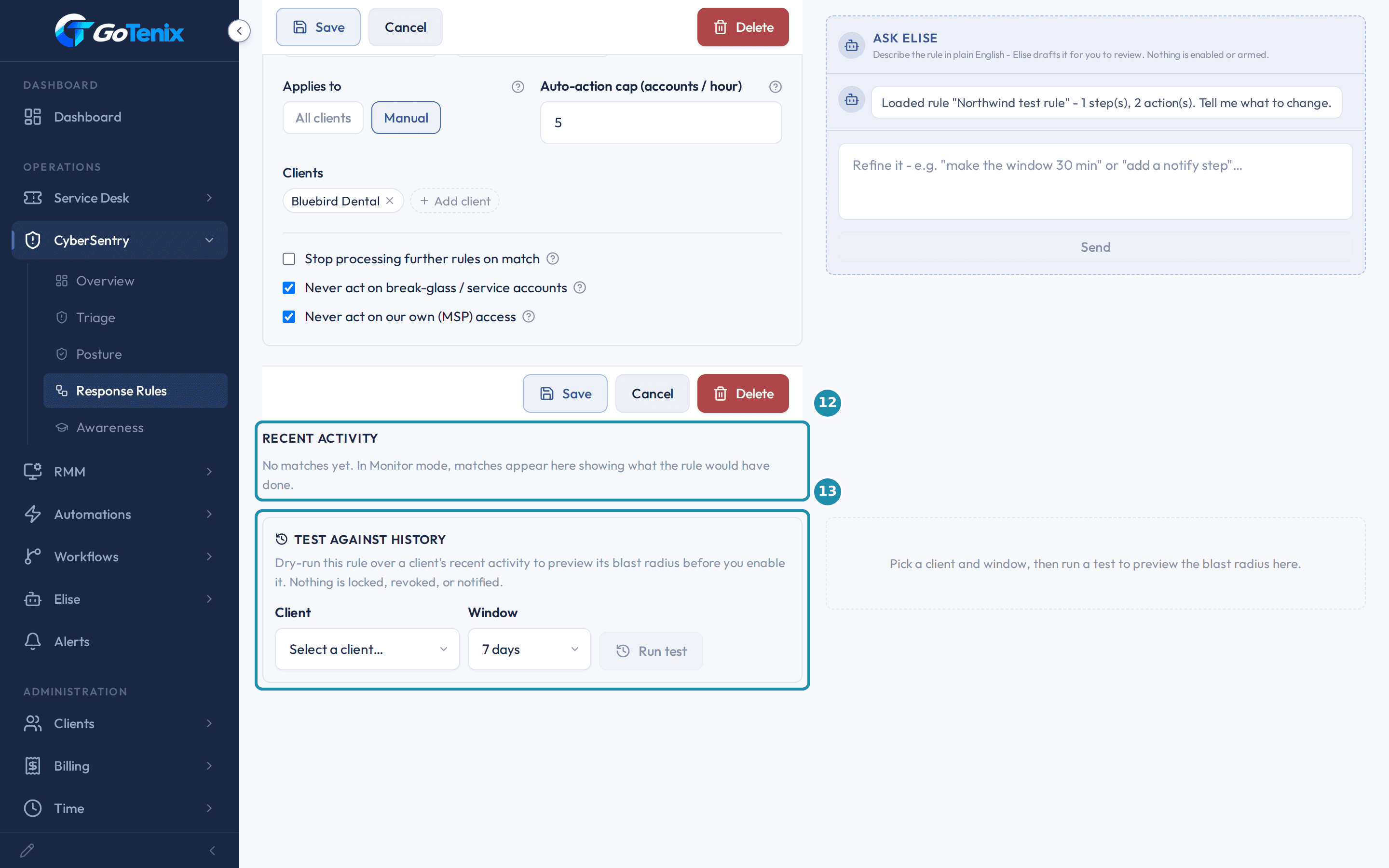 The bottom of a rule page with numbered badges on Recent activity, which reads No matches yet, and on the Test against history card with its Client and Window fields and the Run test button.