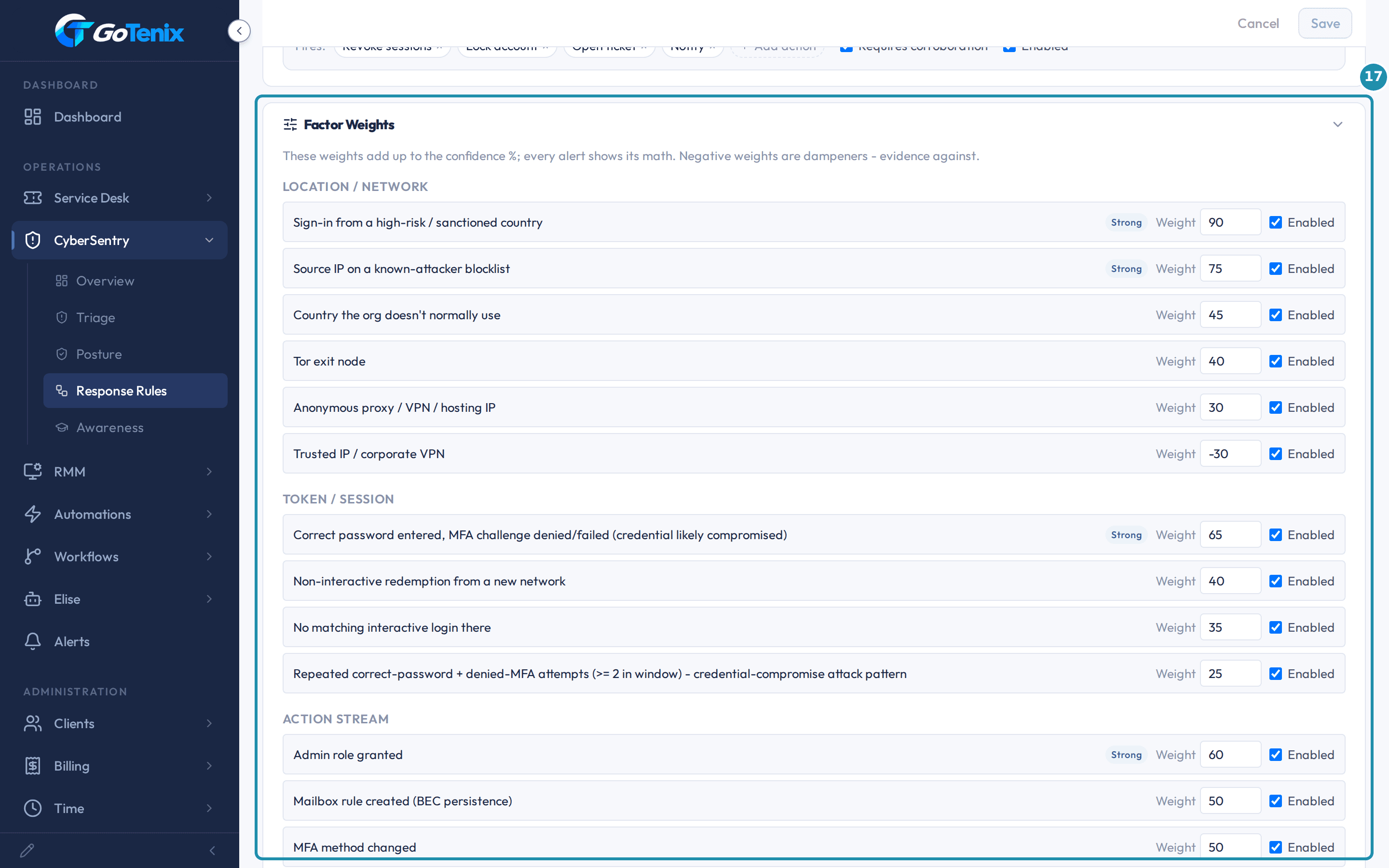 The Factor Weights card on the Confidence Engine page, listing weights grouped under Location / Network, Token / Session and Action Stream, boxed with a numbered badge.