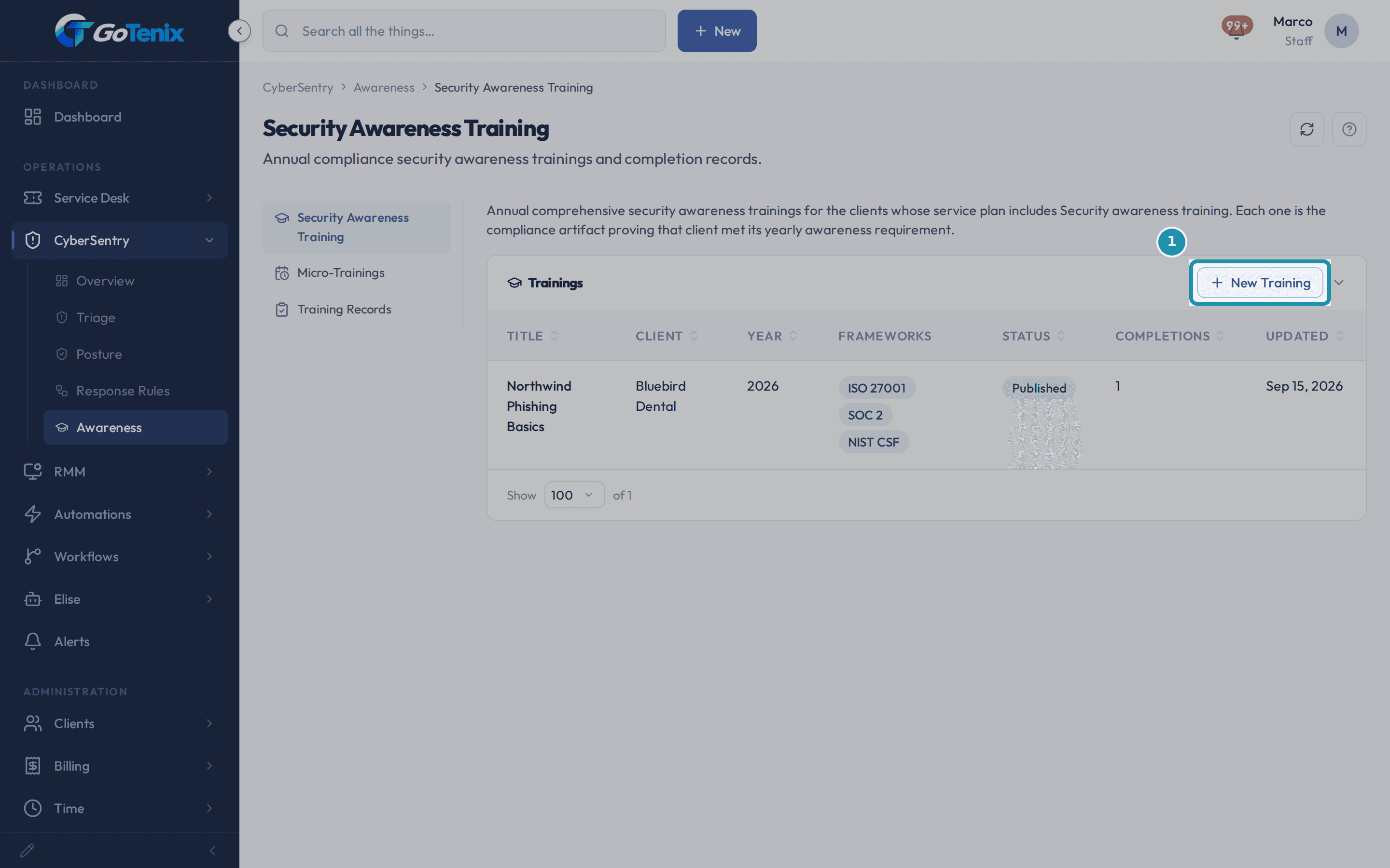 The Security Awareness Training page under CyberSentry, Awareness with the New Training button boxed above the list of trainings.