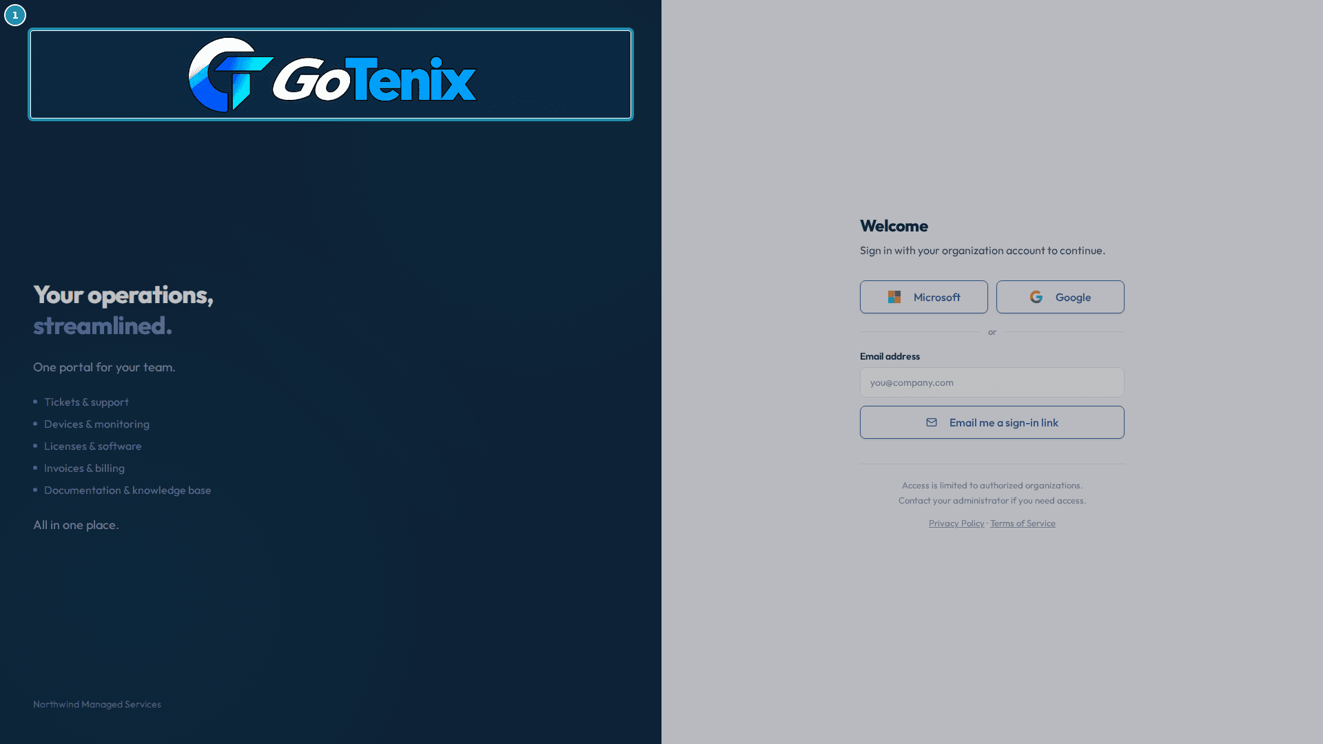 The sign-in page. The dark left panel shows the logo currently on file.