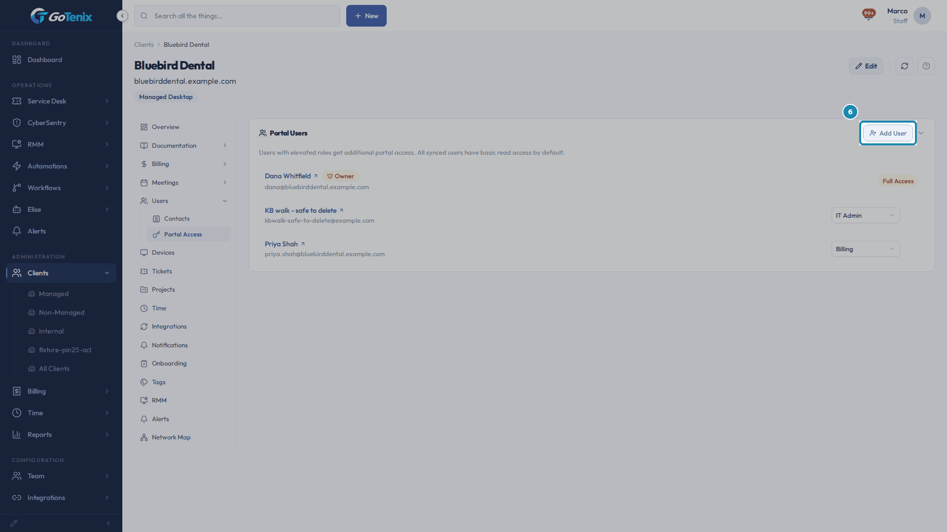 A client record on Users, Portal Access with the Add User button boxed.