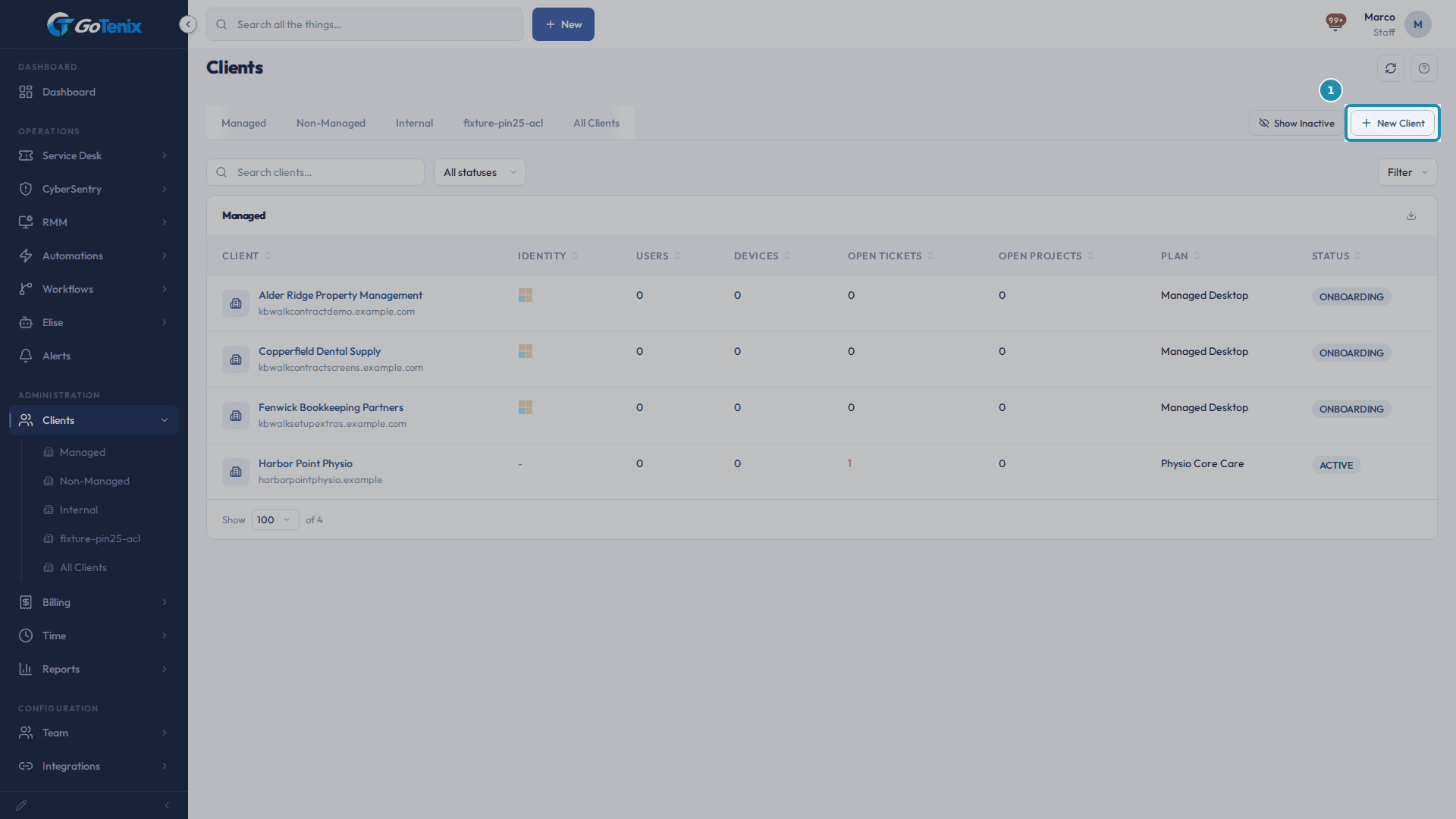 The Clients list with a client in the Managed tab and the "+ New Client" button at the top right.
