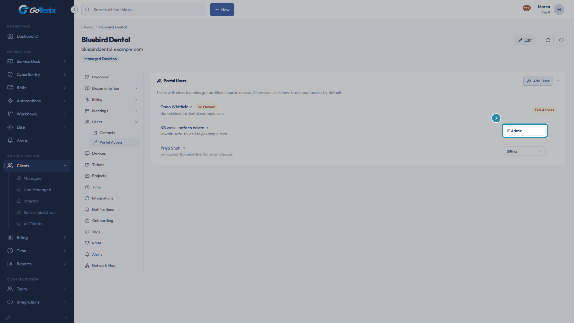 The Portal Access tab listing three people: the owner with Owner and Full Access badges, and two others with role dropdowns, the one for the second person boxed.
