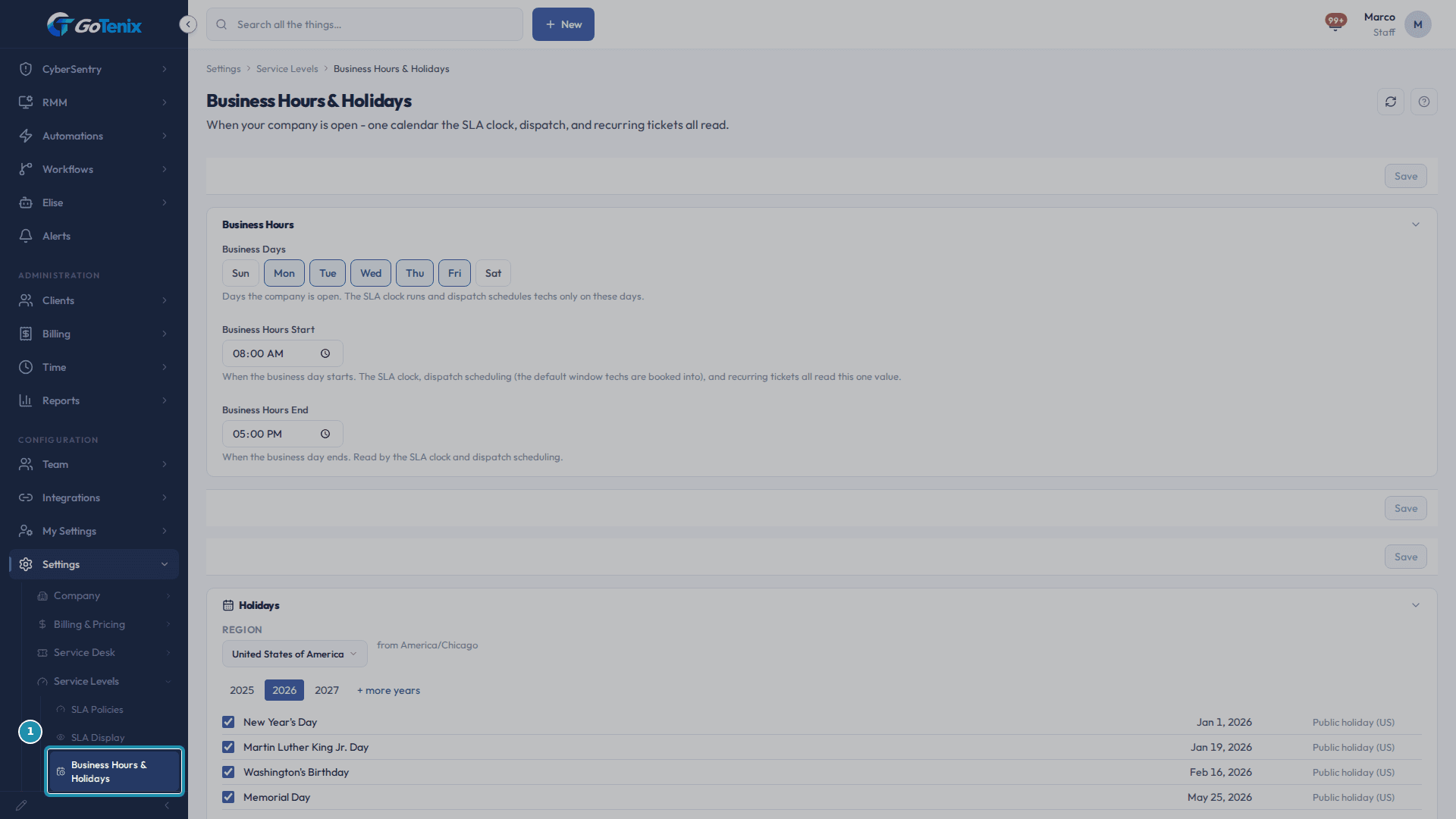The Settings sidebar with the Service Levels group open (SLA Policies, SLA Display, Business Hours & Holidays), the Business Hours & Holidays item boxed, and its page open to the right.