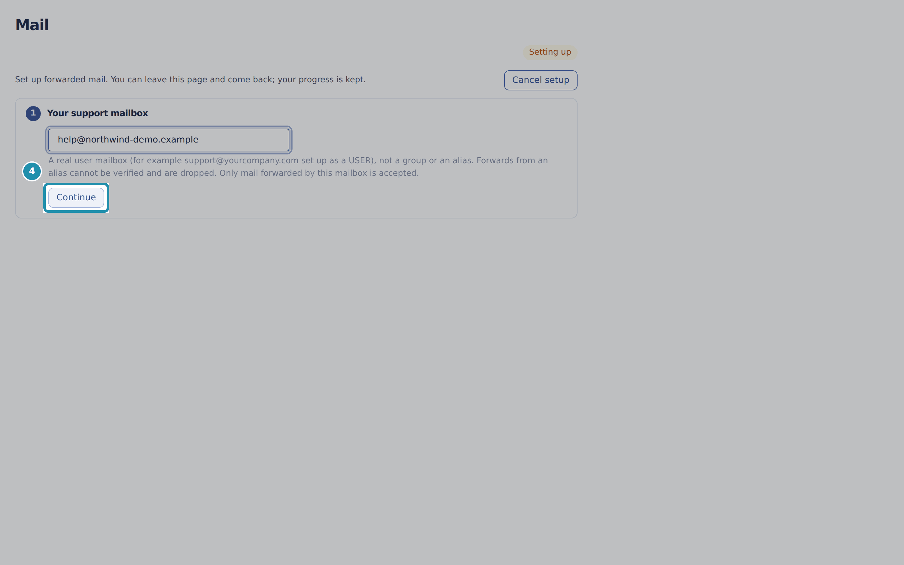 Step 1 with a mailbox address typed in and a numbered teal box around the Continue button.