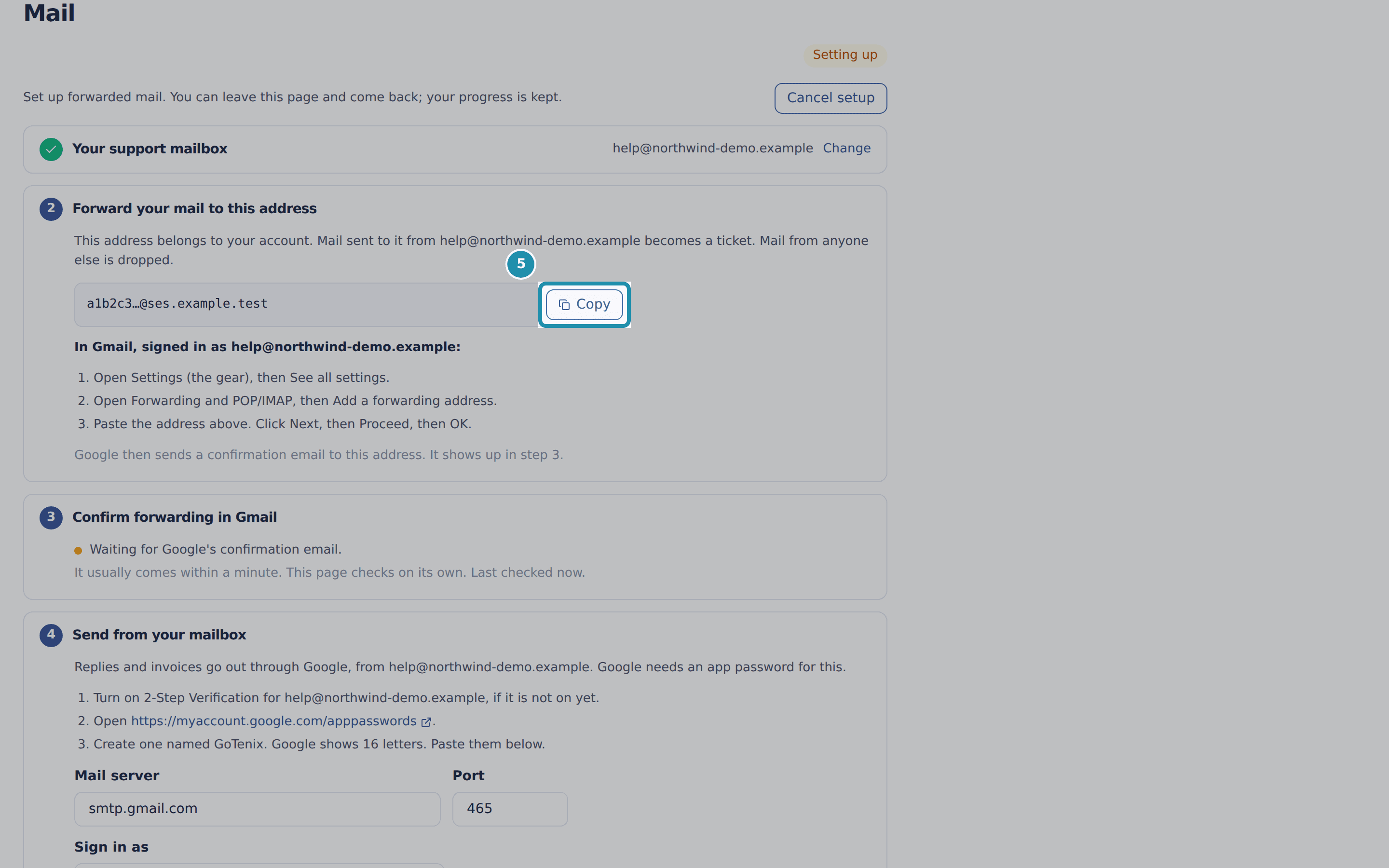 Step 2, Forward your mail to this address, with a numbered teal box around the Copy button beside the partly hidden forwarding address.