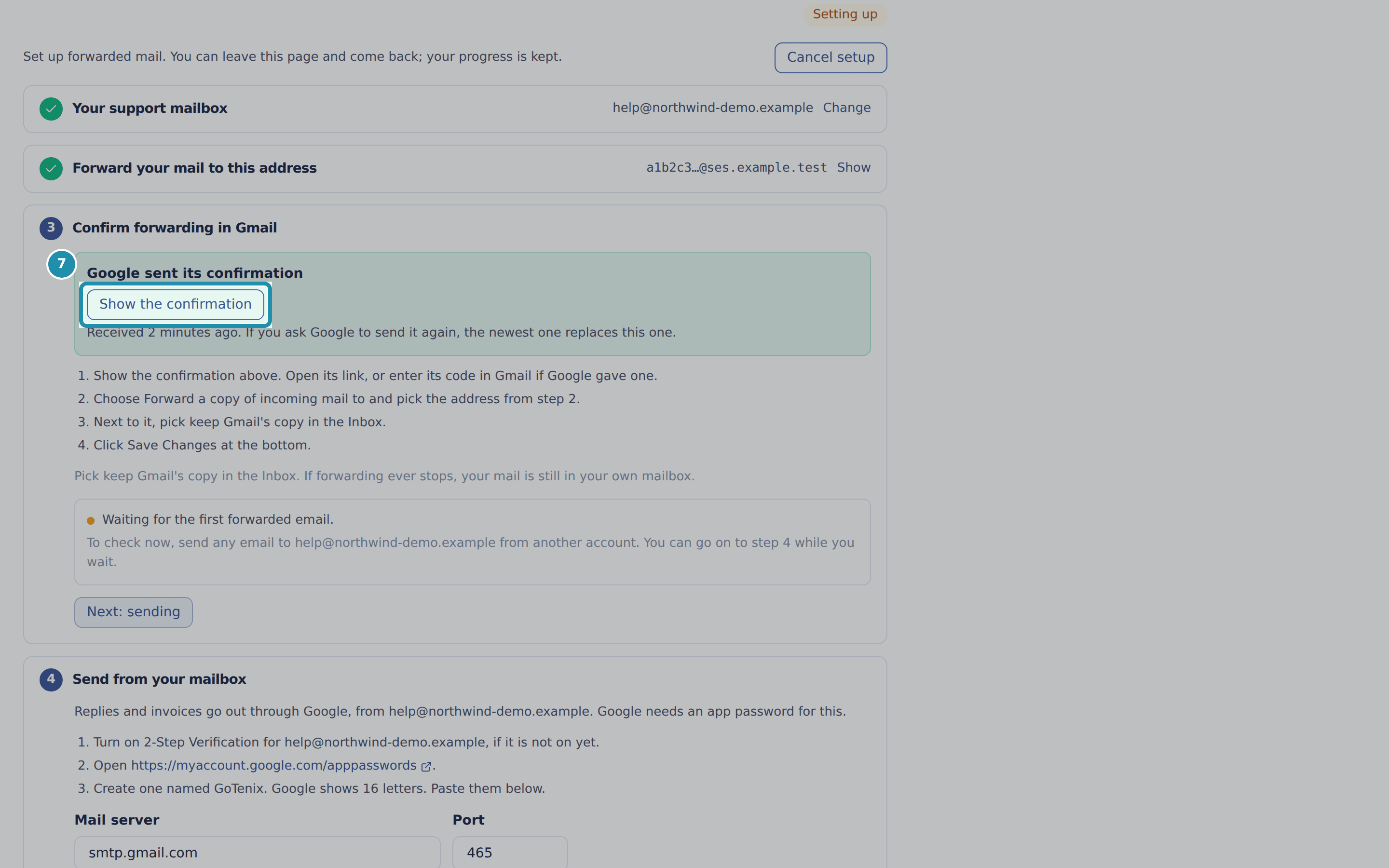 Step 3, Confirm forwarding in Gmail, with a numbered teal box around the Show the confirmation button under the heading Google sent its confirmation.