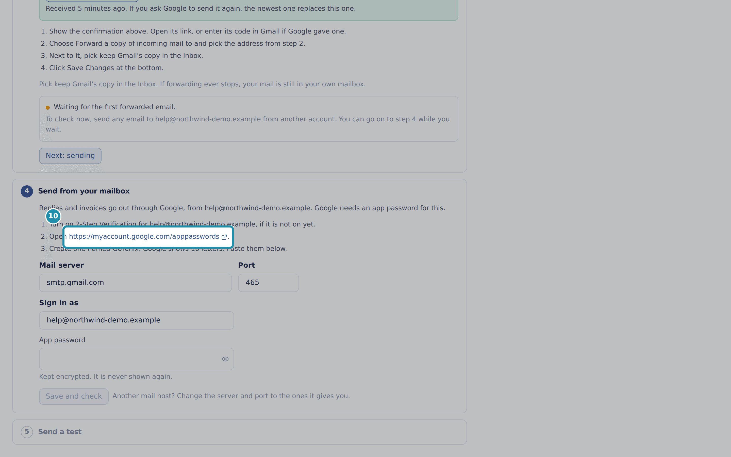 Step 4, Send from your mailbox, with a numbered teal box around the app passwords link in the instructions.