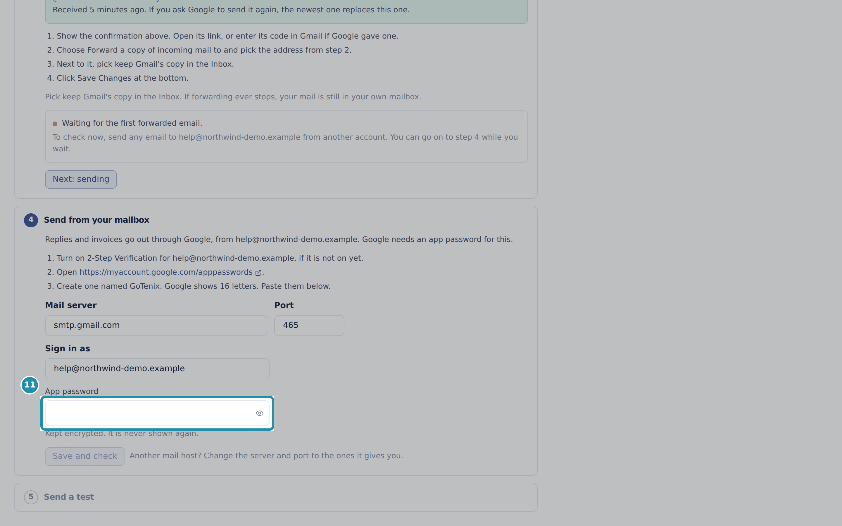 Step 4 with a numbered teal box around the empty App password field, below the Mail server, Port and Sign in as fields.