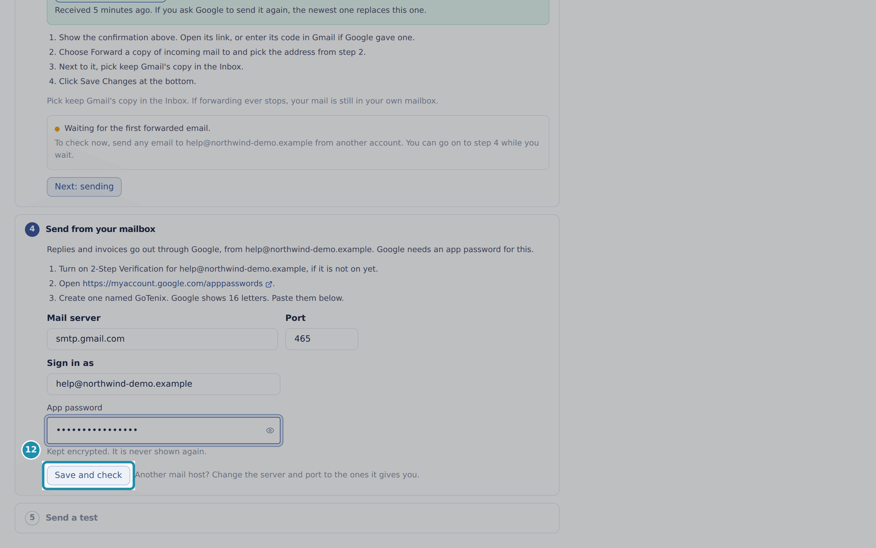Step 4 with the App password field filled in and a numbered teal box around the Save and check button.