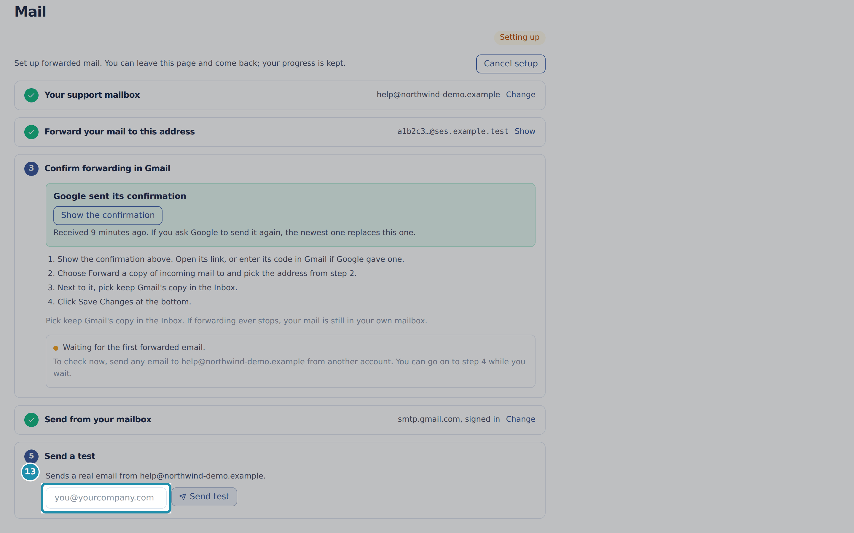 Step 5, Send a test, with a numbered teal box around the Send the test to field.