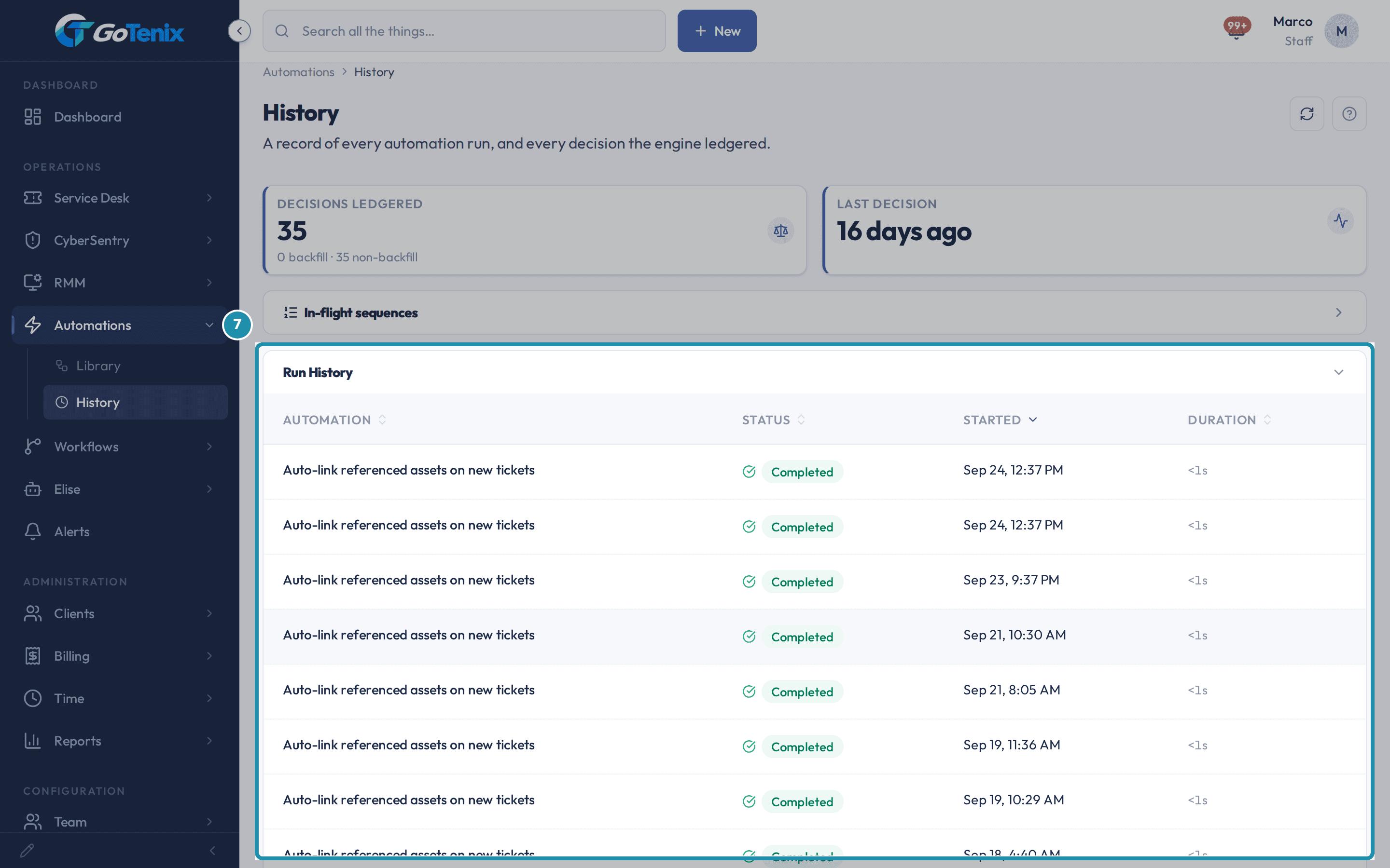 Automations, History, with the Run History table boxed, listing each automation run with its status, start time and duration.