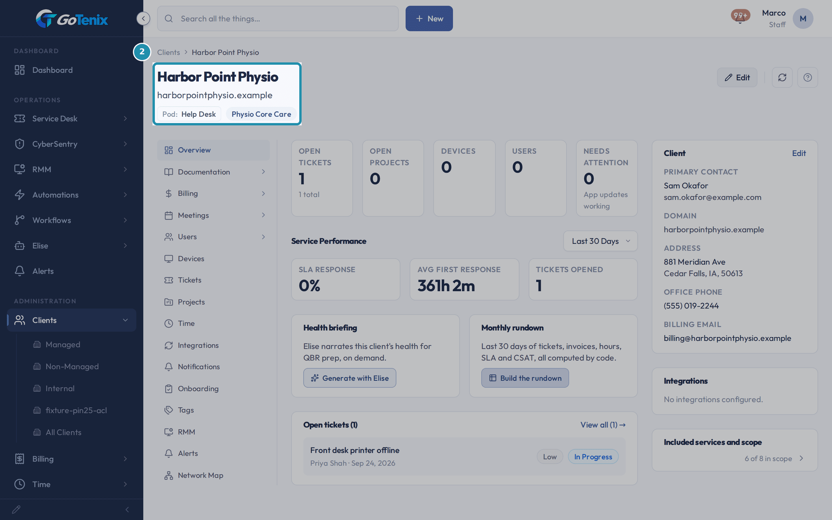 Harbor Point Physio's Overview tab with its name, domain and badges boxed: Pod: Help Desk and the plan badge (Physio Core Care in this demo). The Client card on the right shows Sam Okafor as Primary Contact.