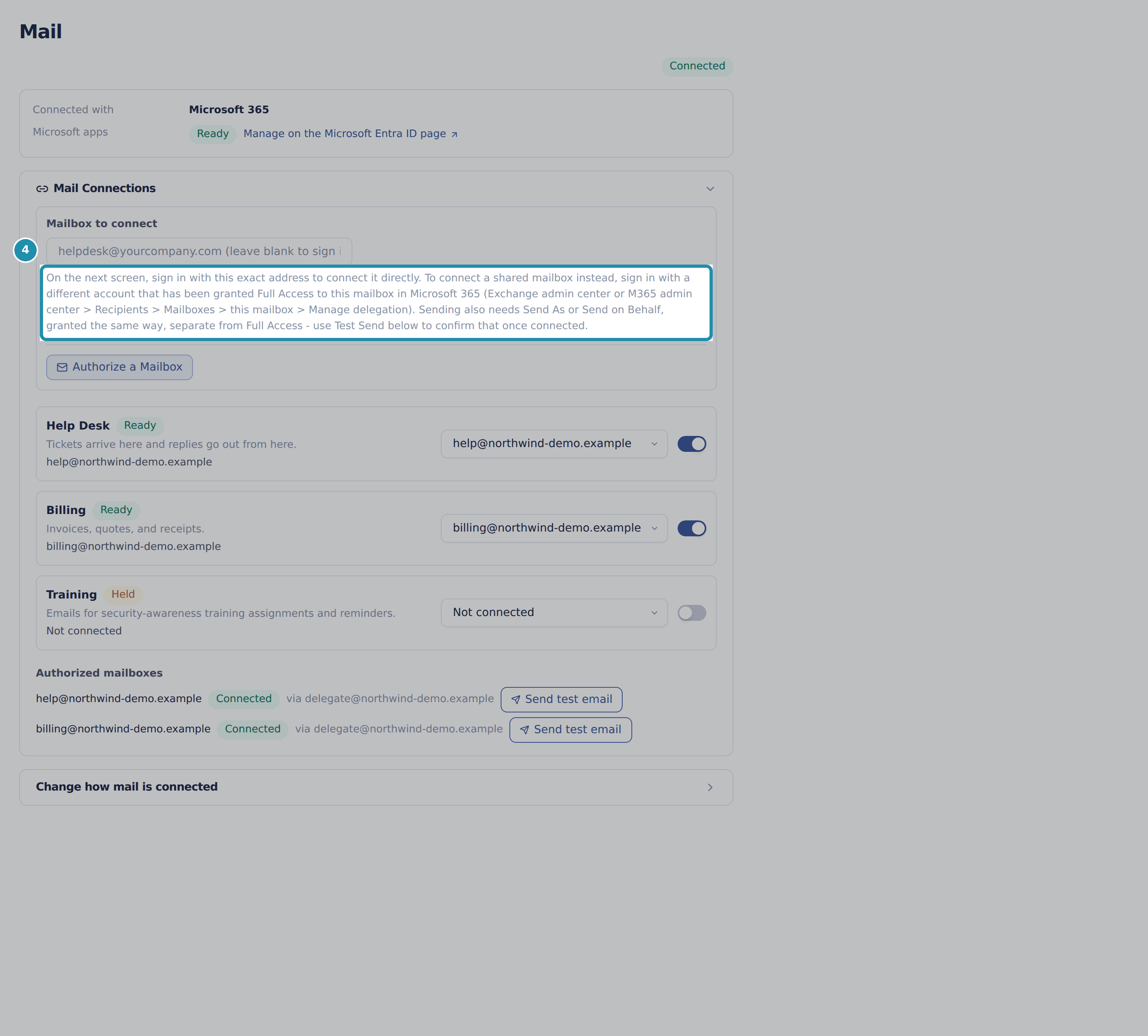A numbered teal box around the note under the Mailbox to connect field, which explains signing in as a delegate with Full Access and that sending needs Send As separately.