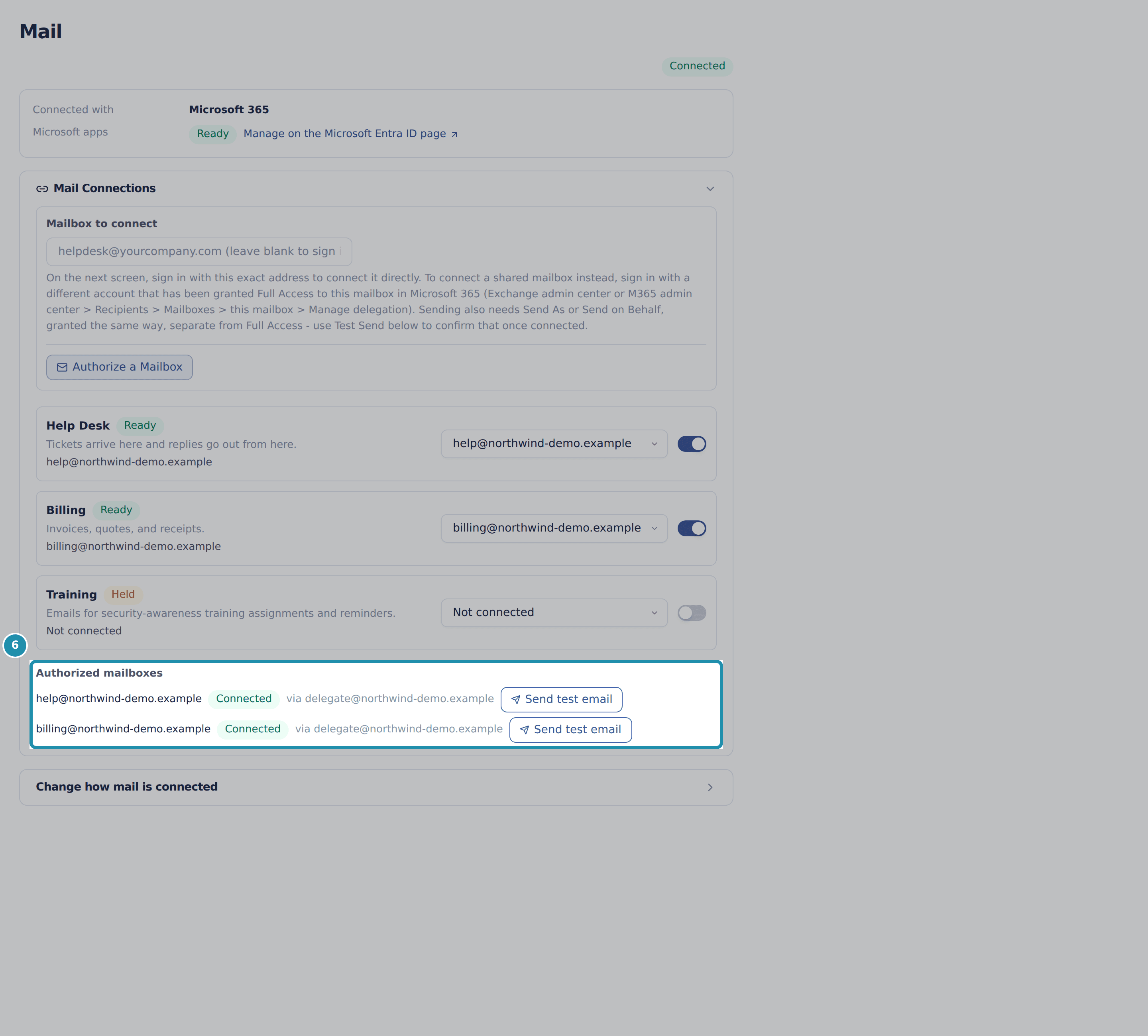 A numbered teal box around the Authorized mailboxes list on the Mail page, showing two mailboxes each marked Connected and each authorized via the same account.