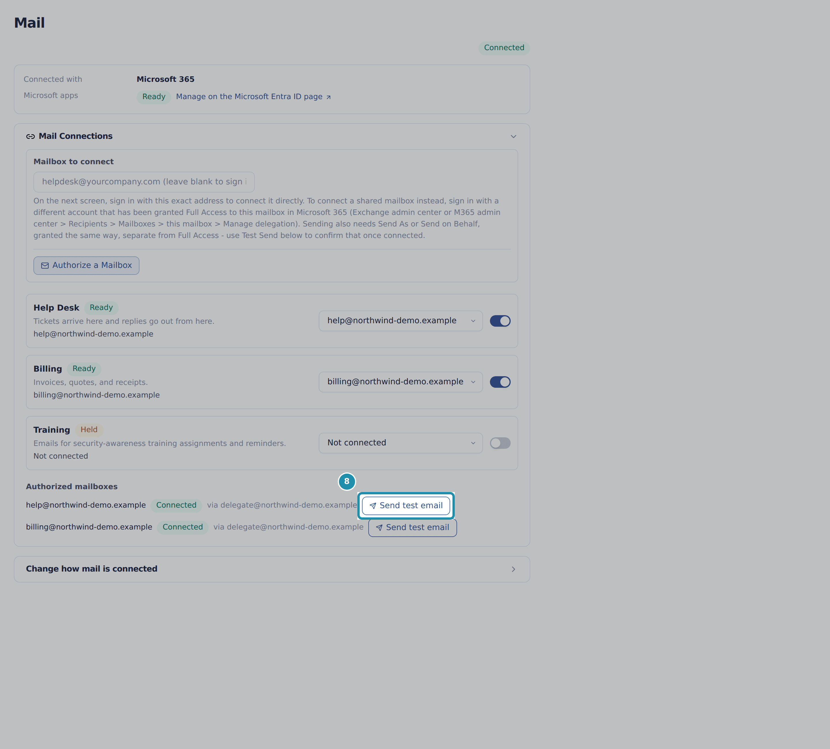 A numbered teal box around the Send test email button on the first authorized mailbox row.