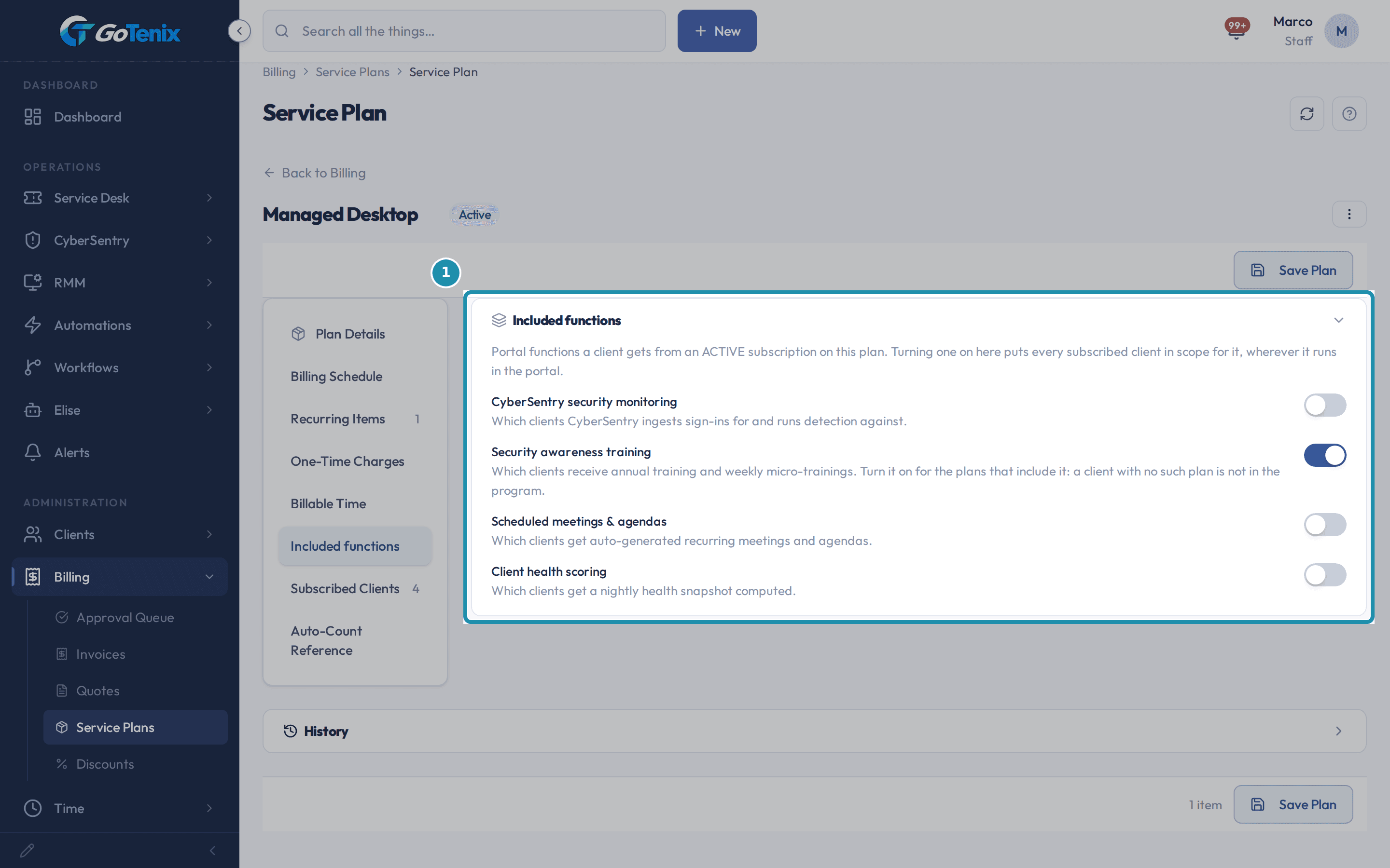 Managed Desktop plan page with Included functions picked on the left side bar and its section highlighted: Security awareness training is on and the other three functions are off.