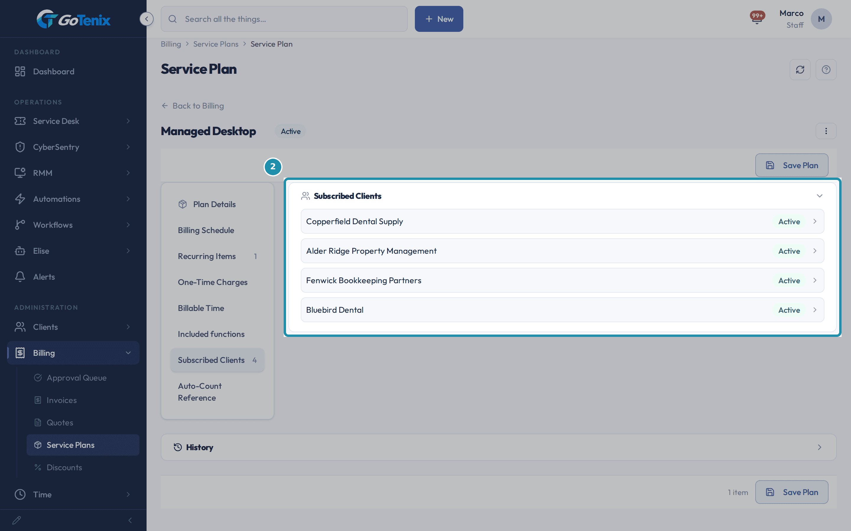 Managed Desktop's Subscribed Clients section highlighted on the plan page, listing four active clients including Bluebird Dental.