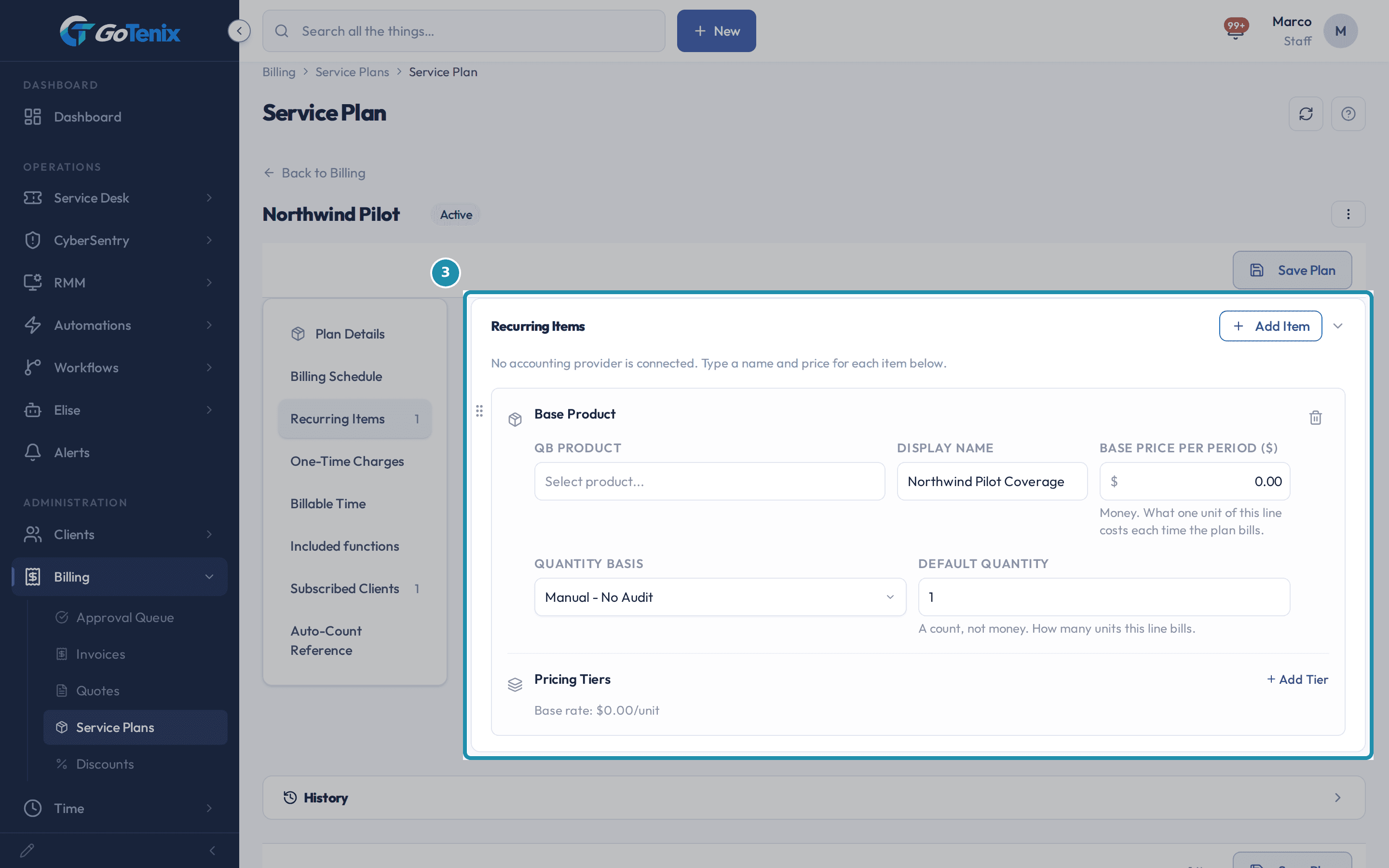 Northwind Pilot's Recurring Items section, picked on the left side bar: one base product at a price of 0 with the Manual - No Audit quantity basis and a Pricing Tiers line reading Base rate $0.00/unit.