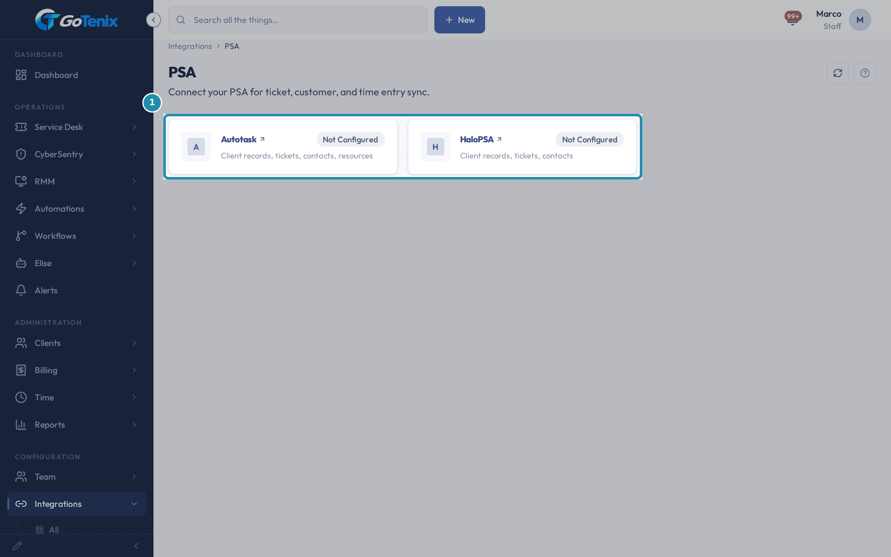 Integrations, PSA with the two cards boxed, Autotask and HaloPSA, each marked Not Configured.
