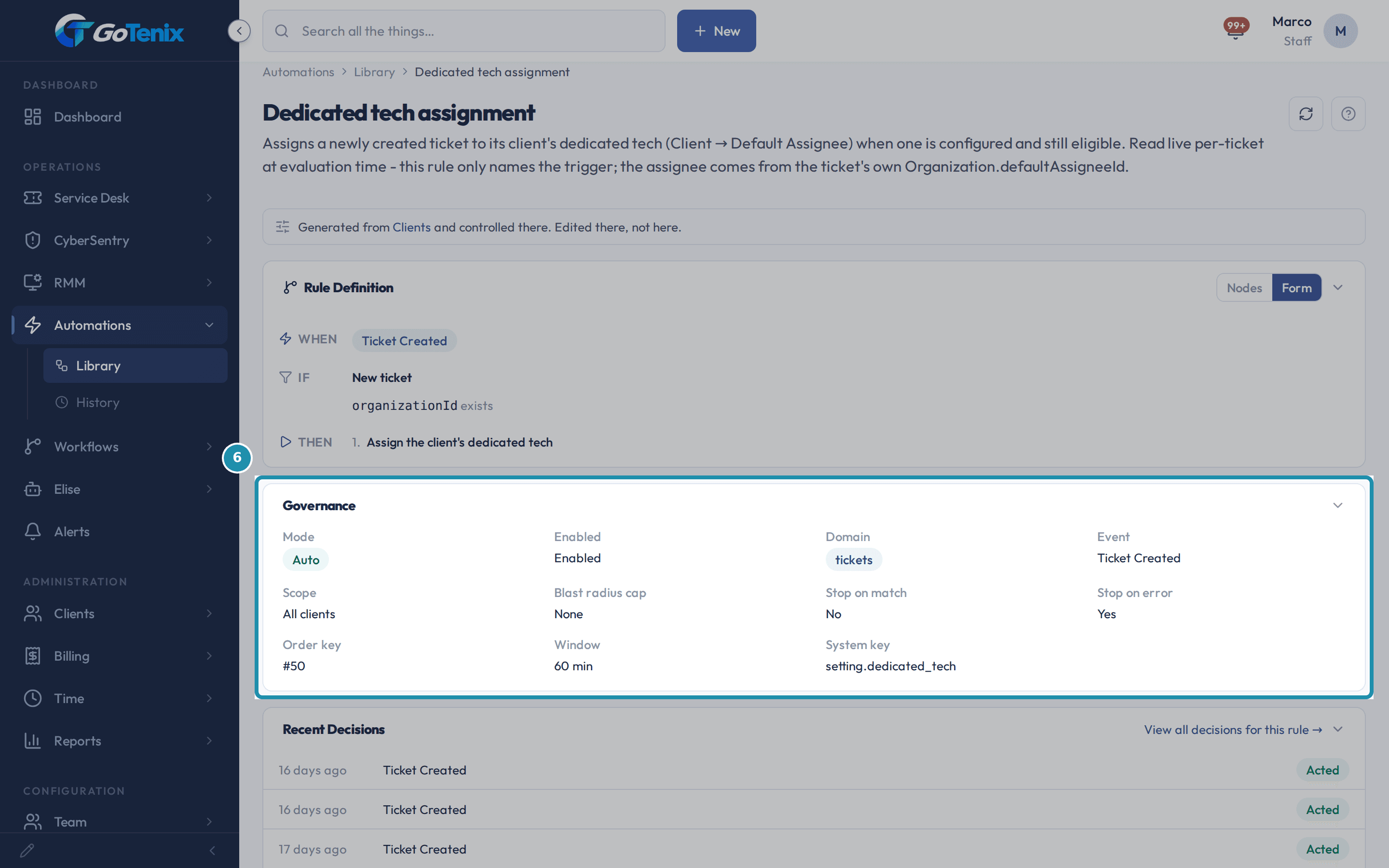 The Governance card of the same rule, boxed, with Mode Auto, Enabled, Domain, Event, Scope, Stop on match and Window.