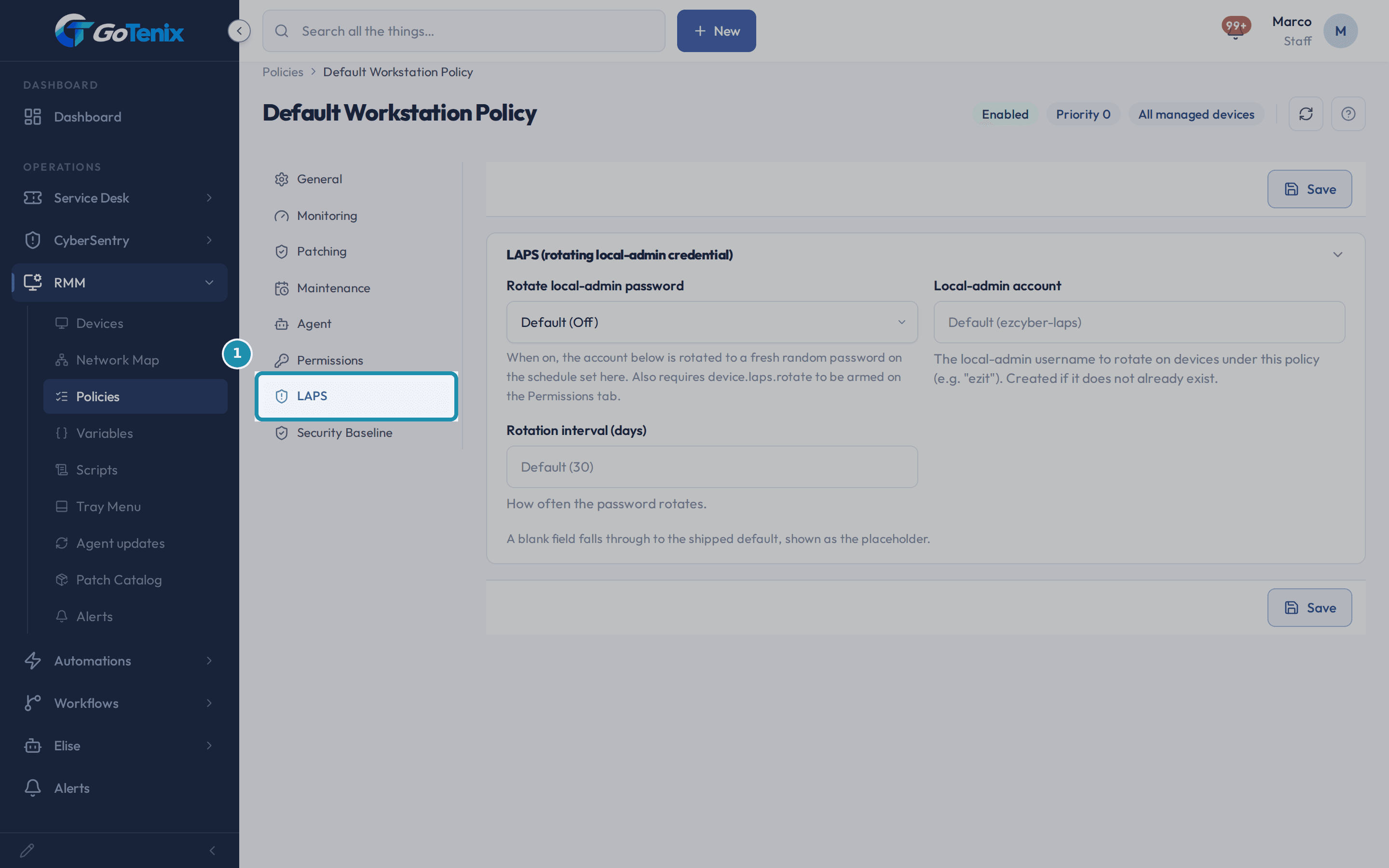 A policy page with the LAPS tab boxed, showing Rotate local-admin password, Local-admin account and Rotation interval.