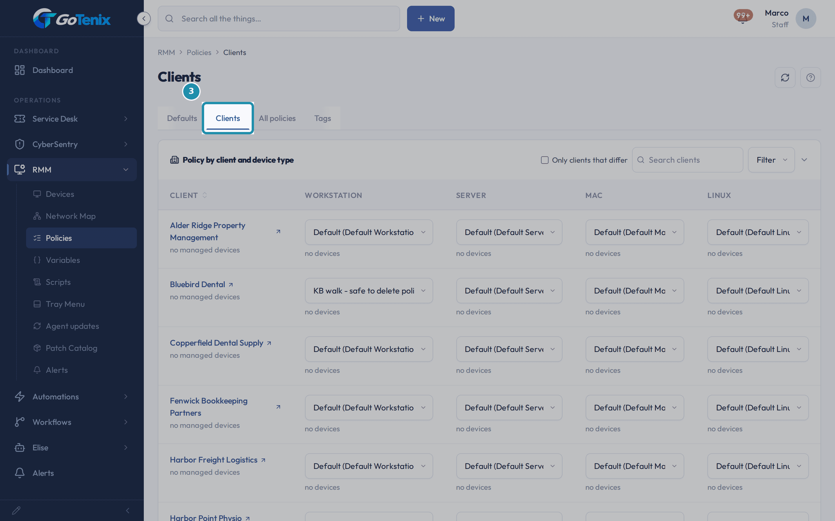 RMM, Policies with the Clients tab boxed, showing each client with a policy choice per device type.