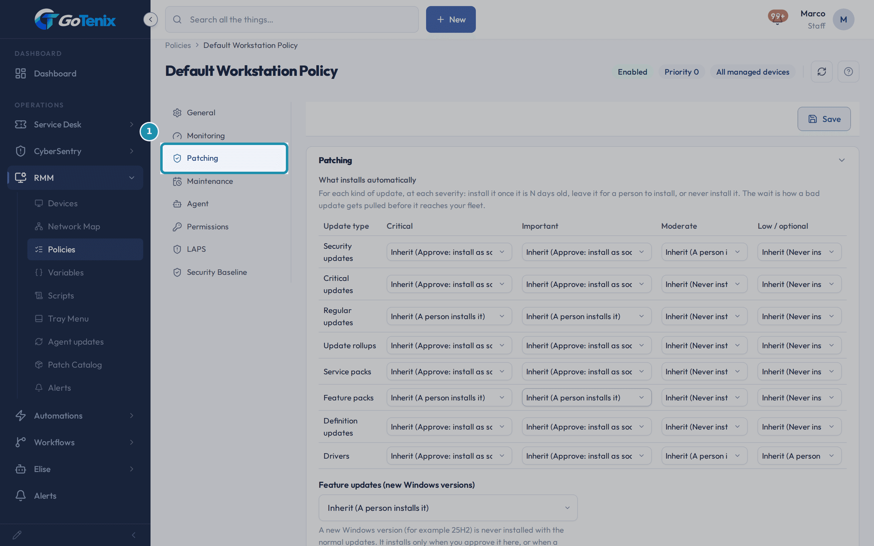 A policy page with the Patching tab boxed.
