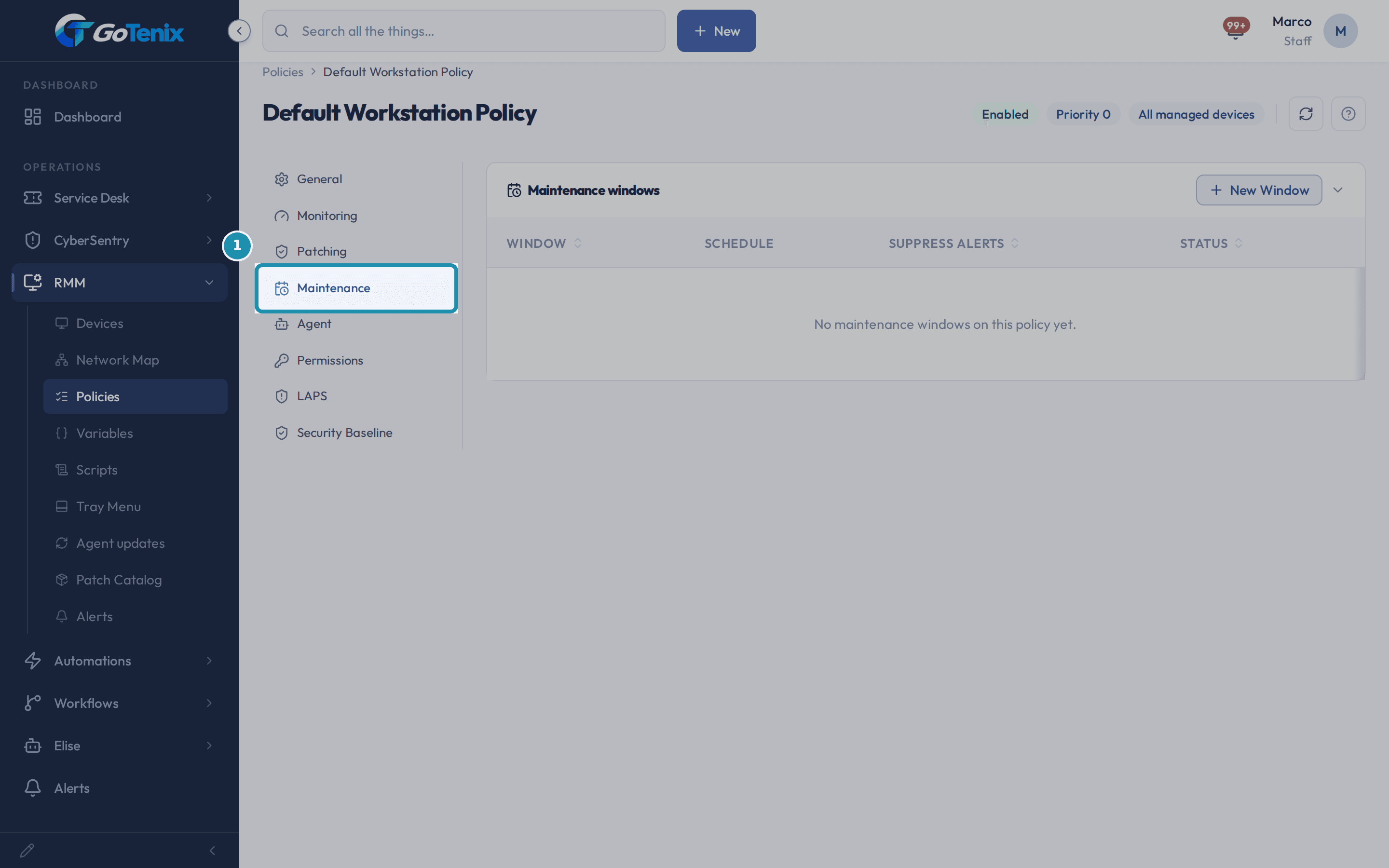 A policy page with the Maintenance tab boxed, showing the maintenance windows list and the New Window button.