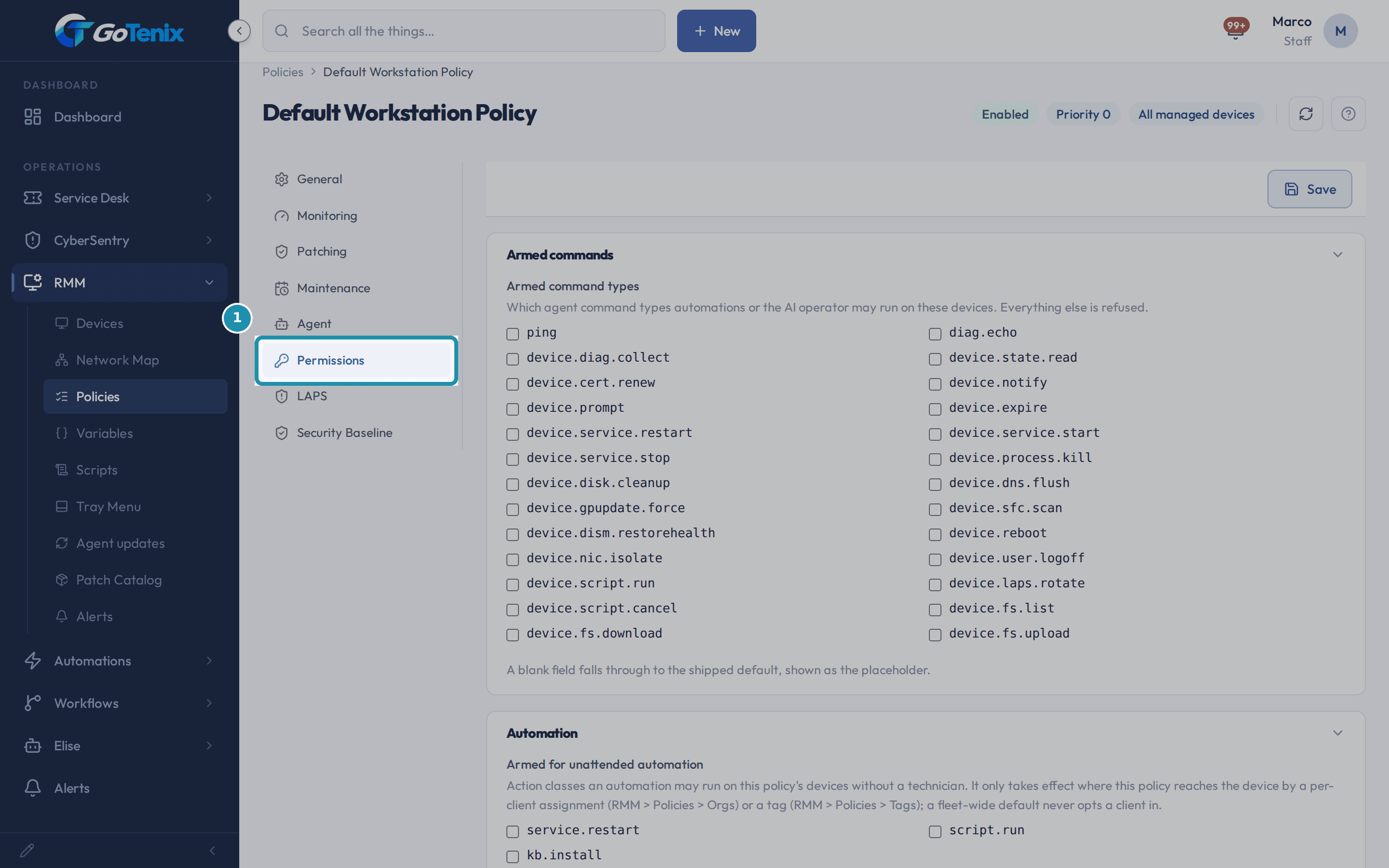 A policy page with the Permissions tab boxed, showing Armed command types.