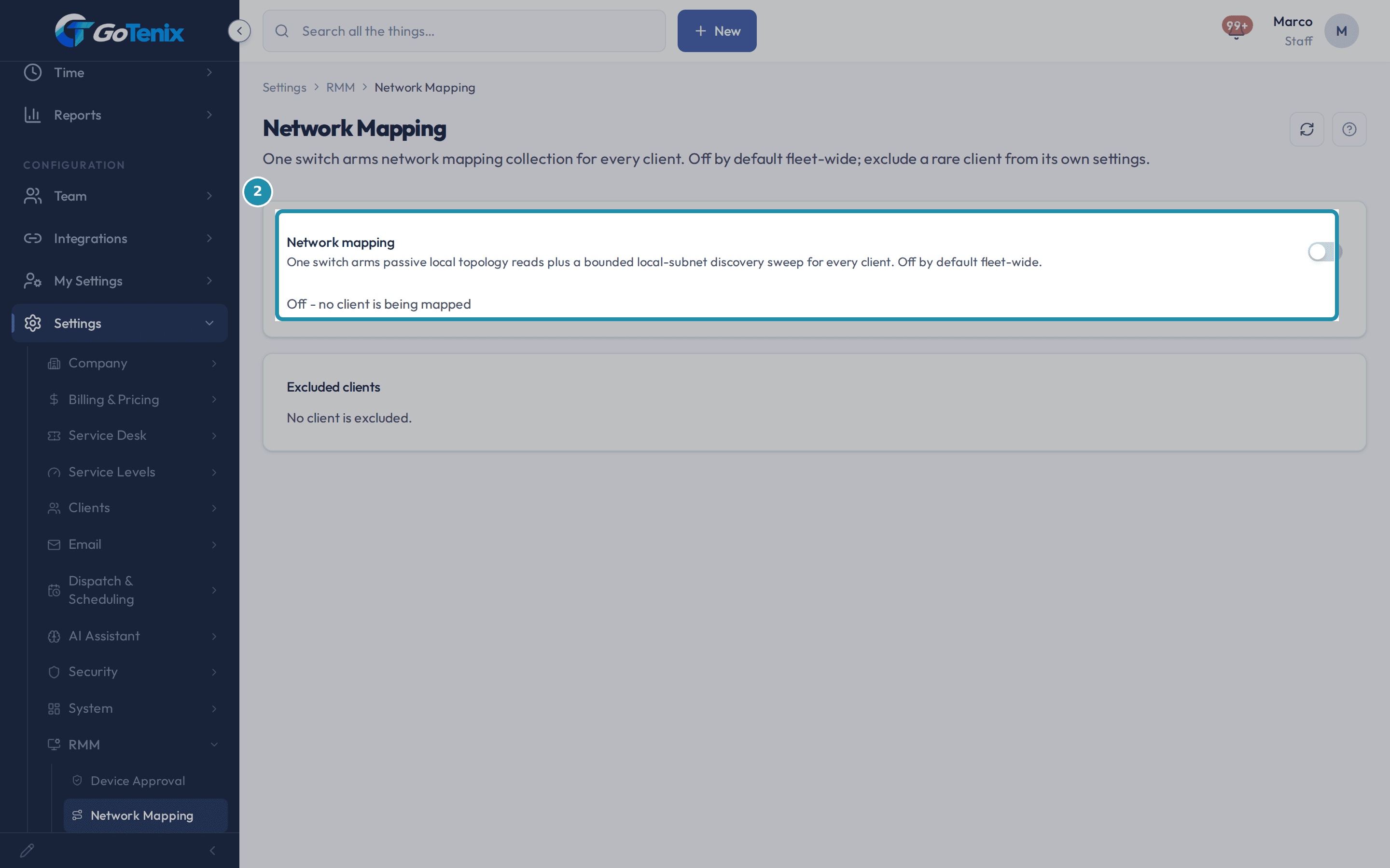 The Network Mapping settings page with the Network mapping card boxed: its switch is off and the card reads Off - no client is being mapped.