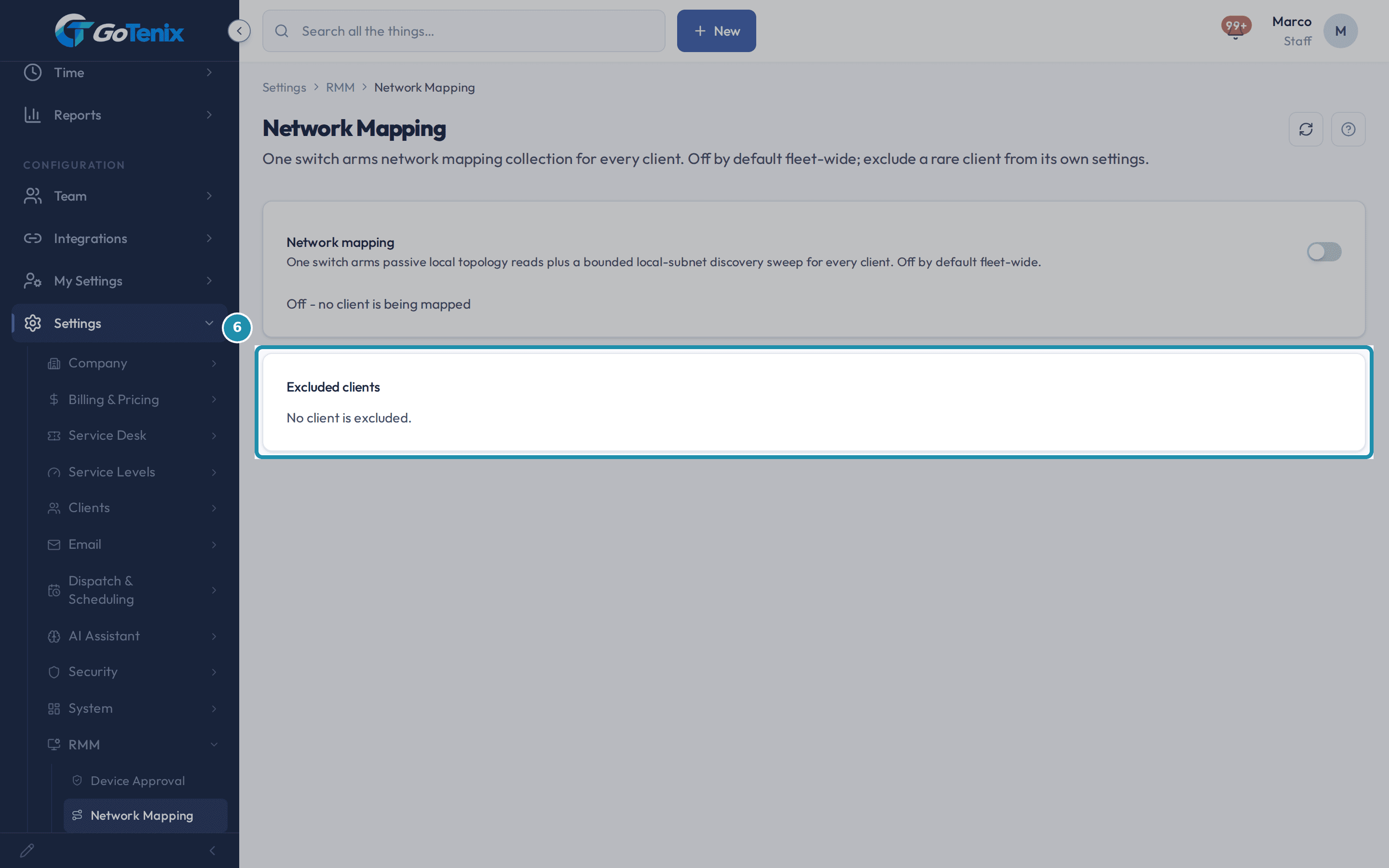 The Network Mapping settings page with the Excluded clients panel boxed, reading No client is excluded.