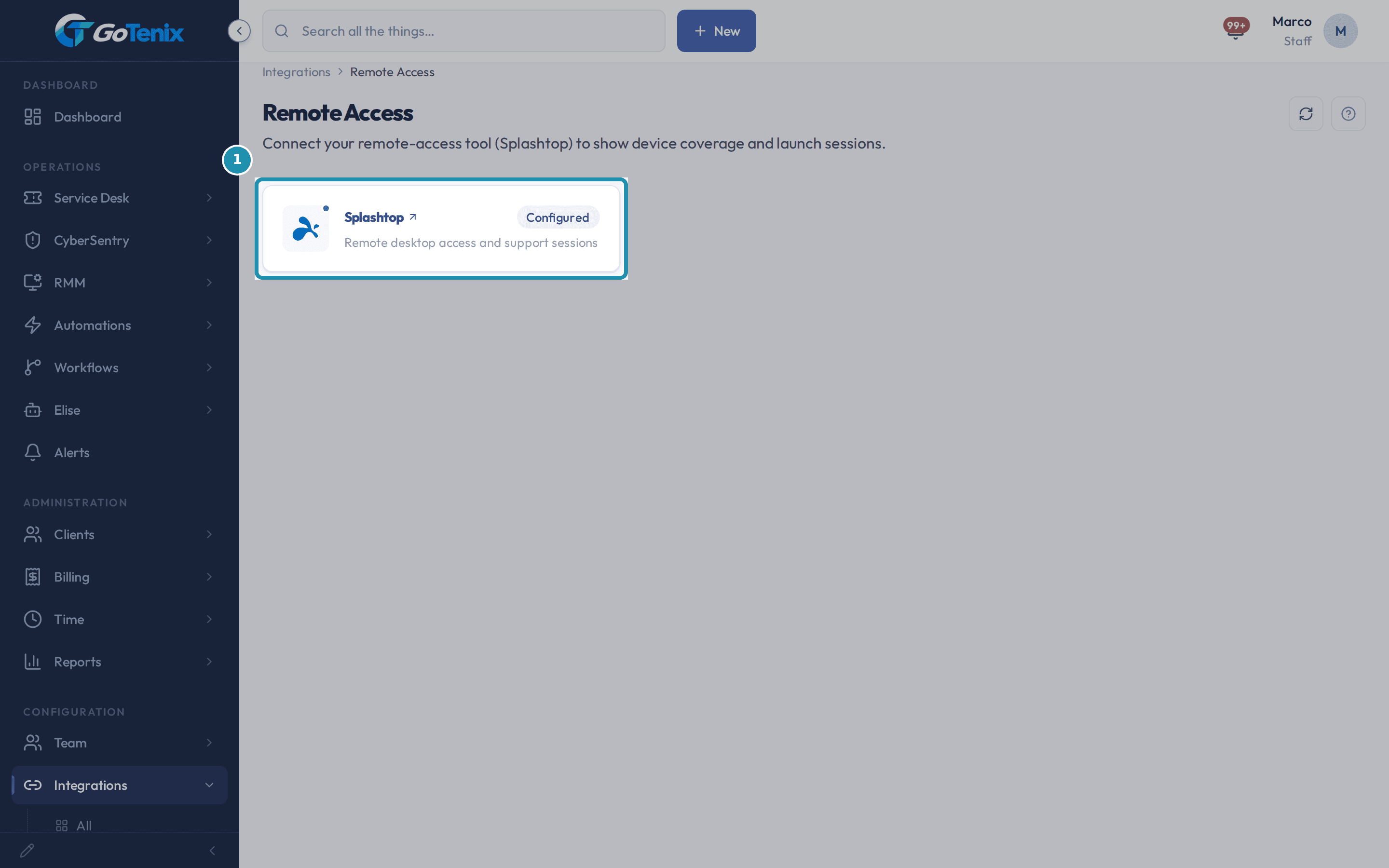 Integrations, Remote Access with the Splashtop card boxed, marked Configured.