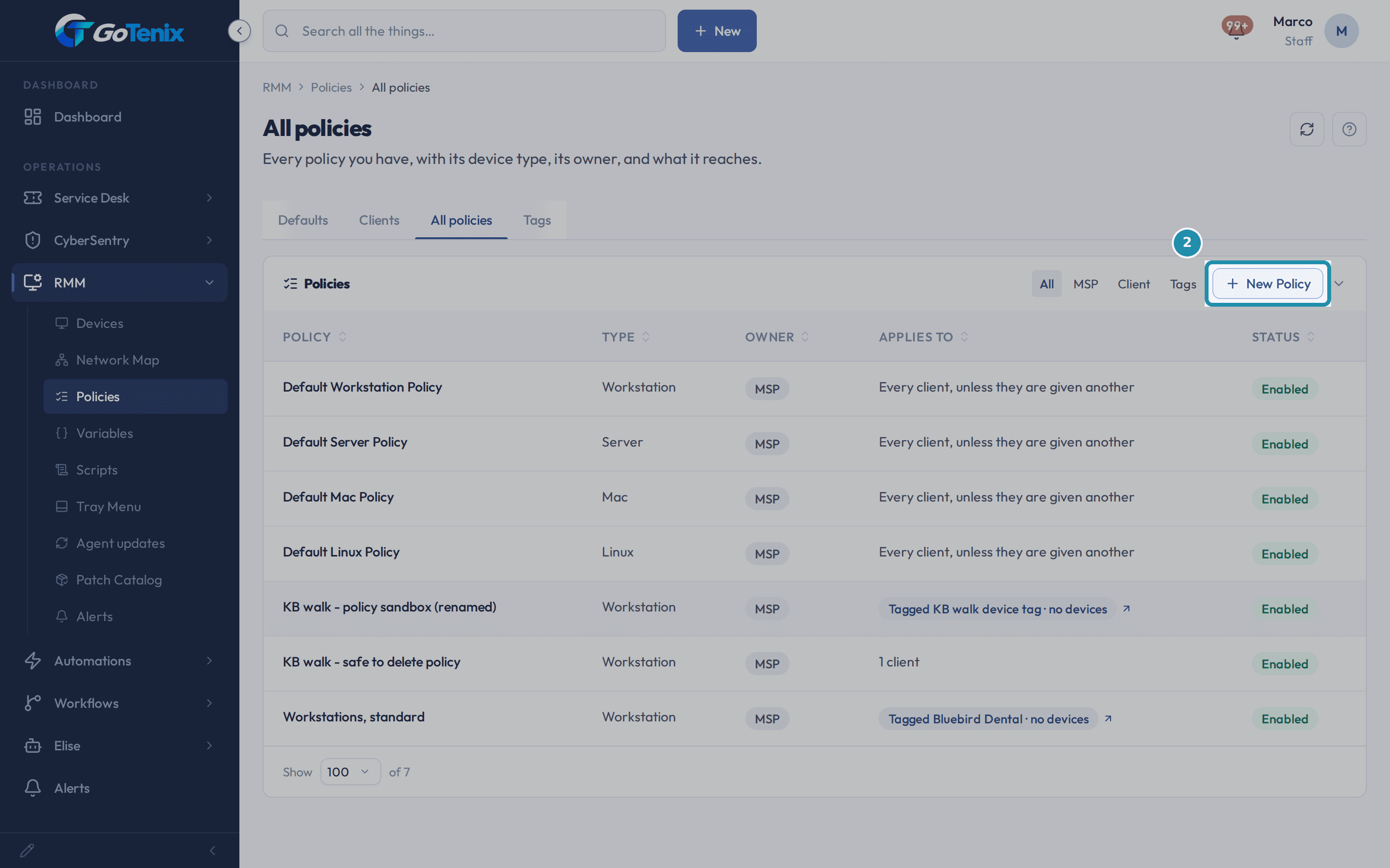 The All policies tab of RMM, Policies with the New Policy button boxed above the list of policies.