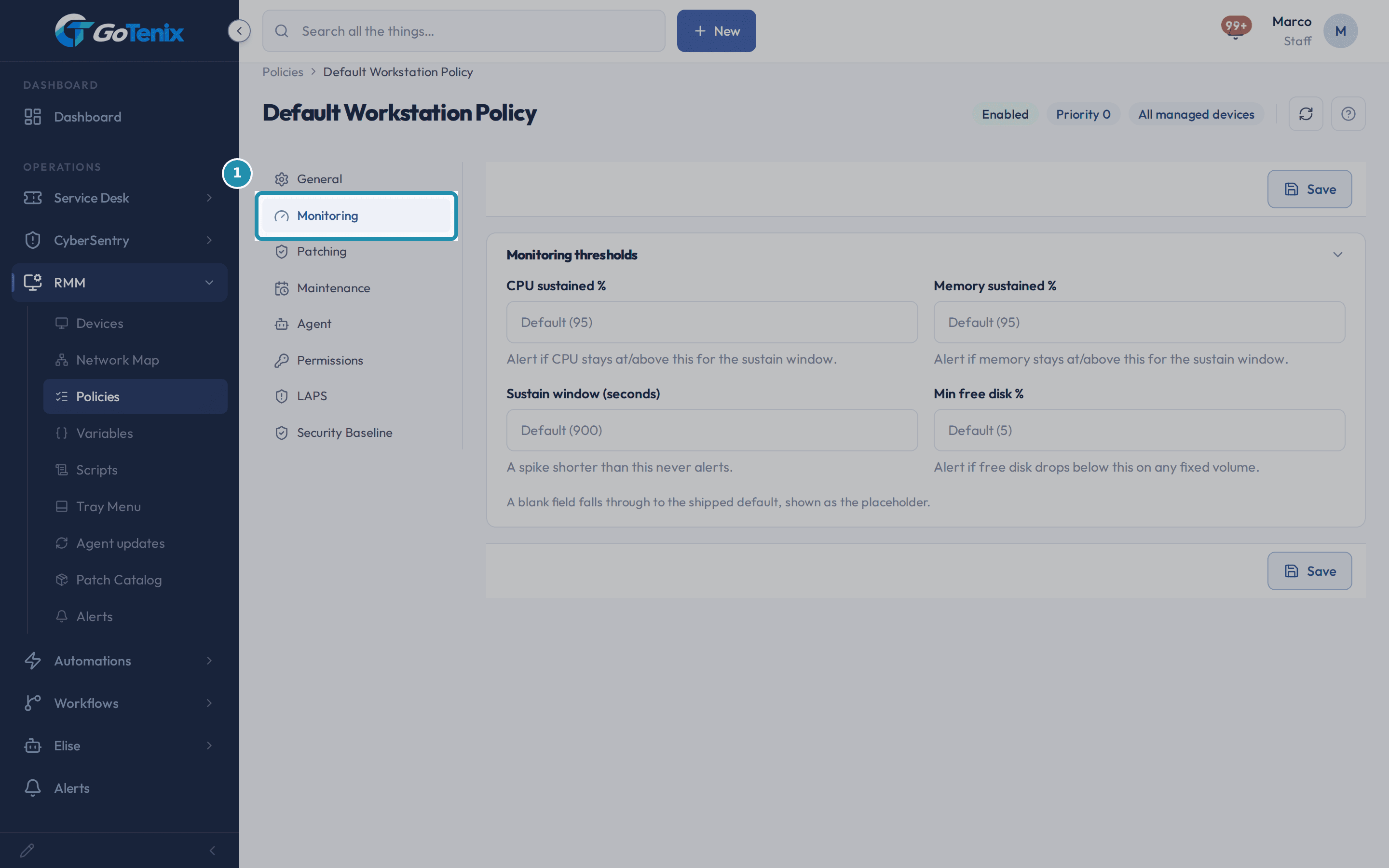 A policy page with the Monitoring tab boxed; the page shows the monitoring thresholds for CPU, memory and disk.
