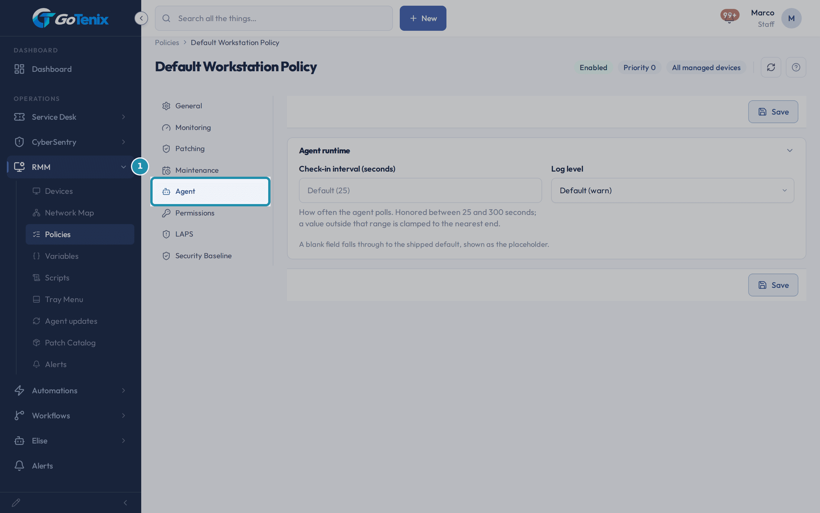 A policy page with the Agent tab boxed, showing the agent check-in interval and log level.
